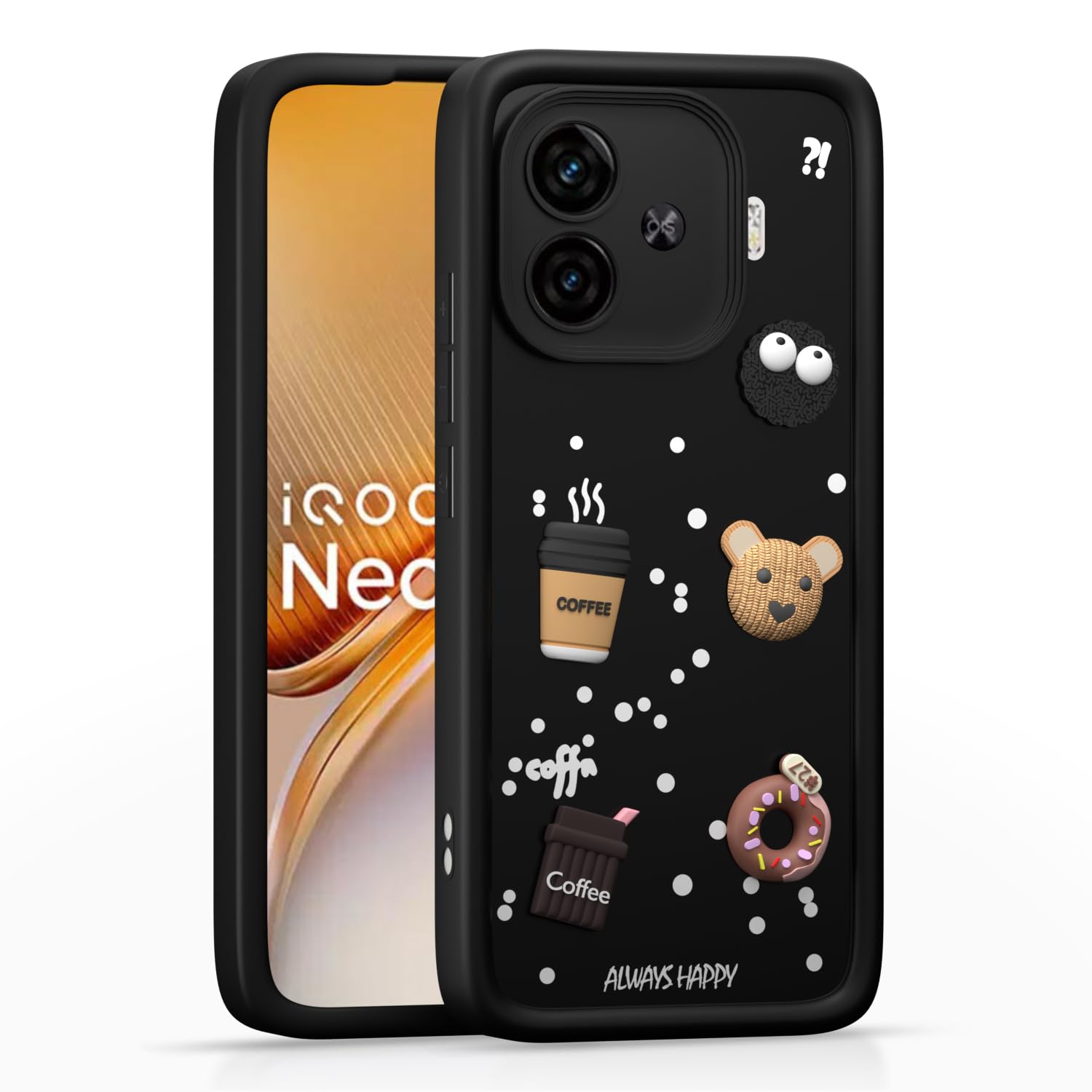 Pikkme iQOO Neo 10R 5G / iQOO Z9 Turbo 5G / Vivo Y200 GT 5G Cute Fun Cartoon 3D Bear Coffee Back Cover (Black)