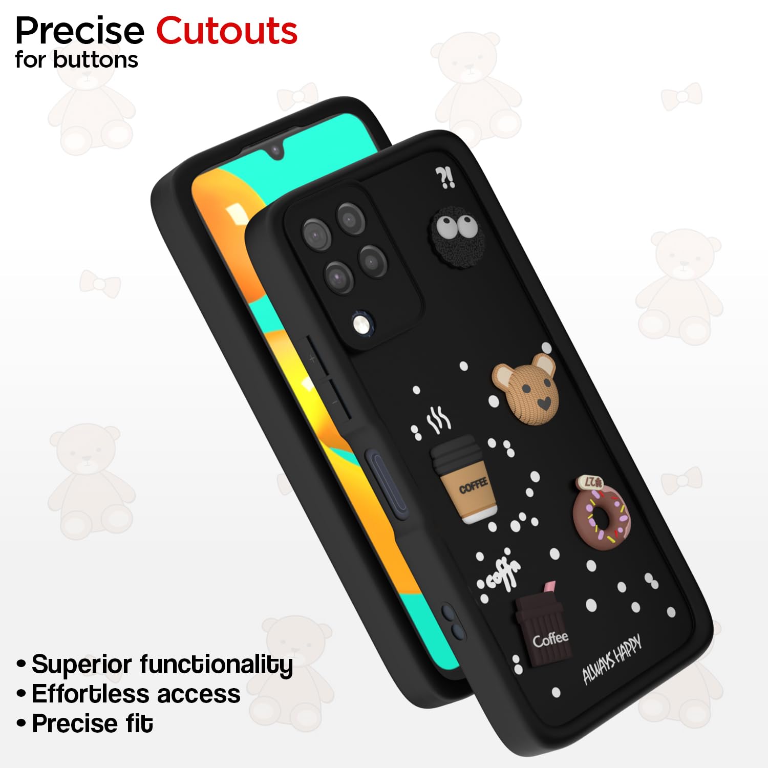 Pikkme Samsung Galaxy M32 4G / M32 Prime / F22 4G Cute Fun Cartoon 3D Bear Coffee Back Cover (Black)