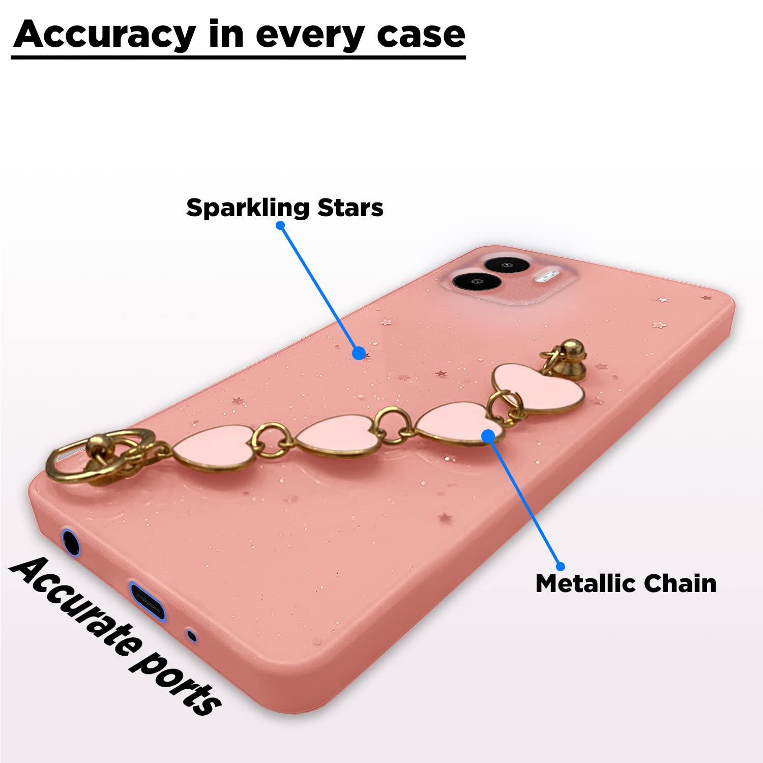 Pikkme Redmi A1 | Redmi A2 Back Cover for Girls | Heart Shaped Metal Chain Blocks | Sparkling Soft TPU | Case for Redmi A1 | Redmi A2 (Pink)