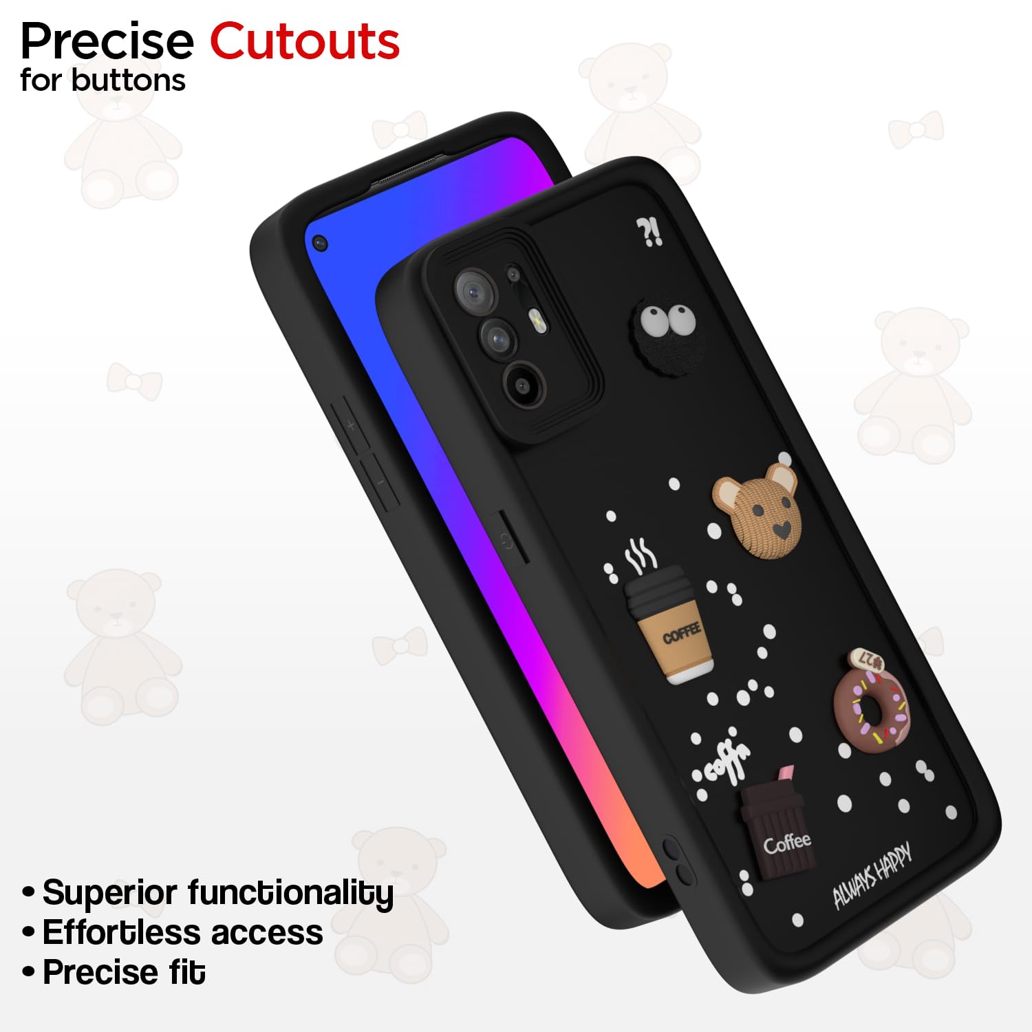 Pikkme Oppo F19 Pro Plus 5G Cute Fun Cartoon 3D Bear Coffee Back Cover (Black)