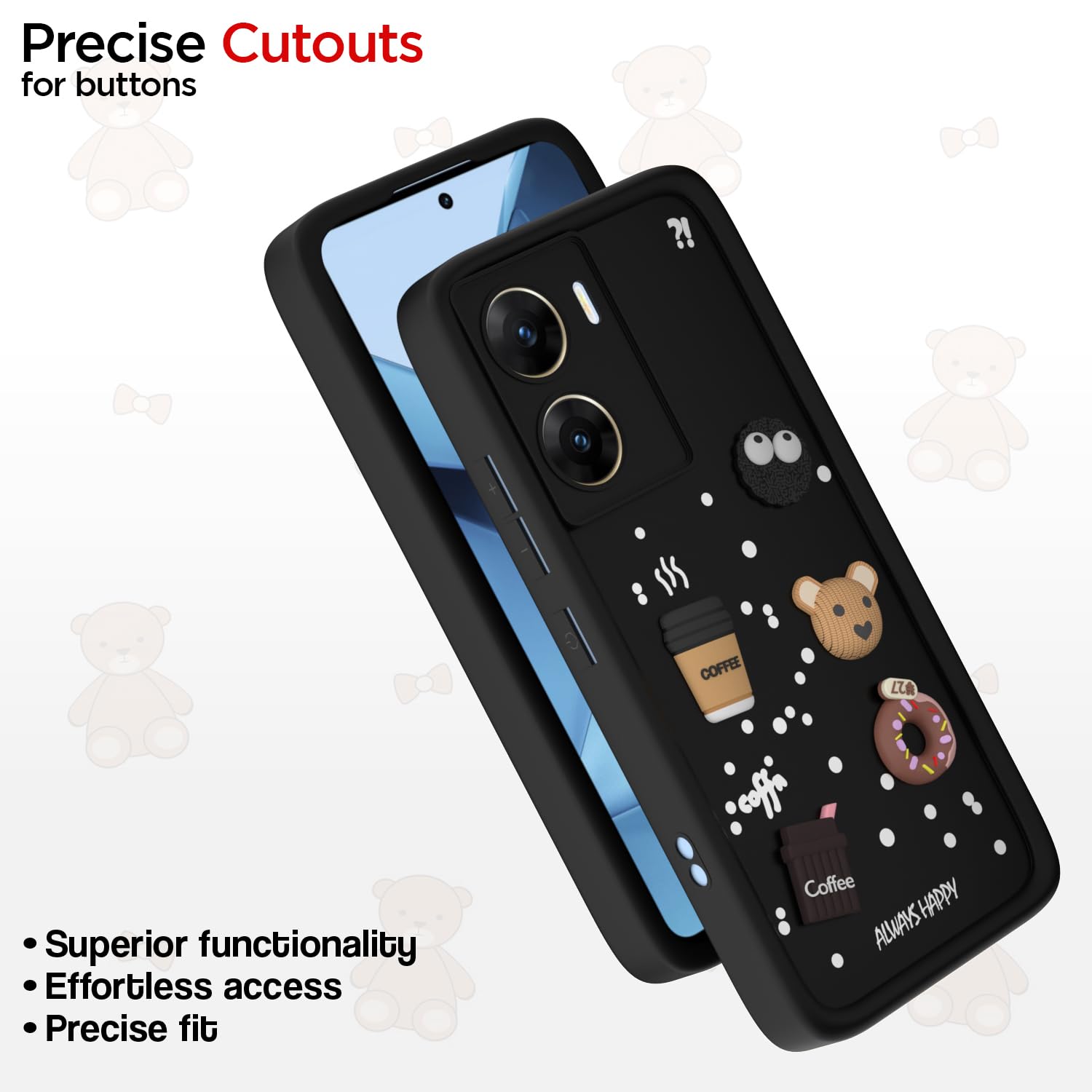 Pikkme Vivo V29e 5G Cute Fun Cartoon 3D Bear Coffee Back Cover (Black)
