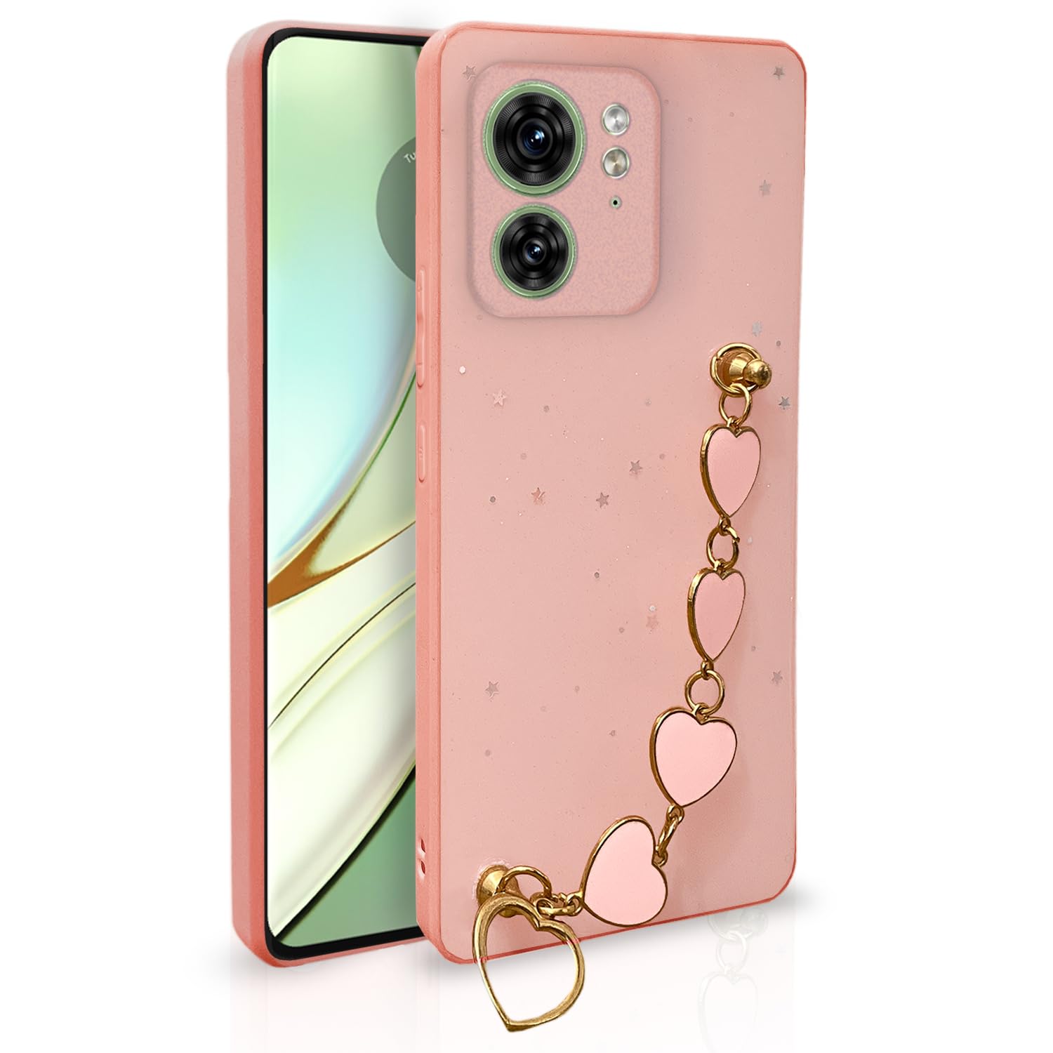Pikkme Moto Edge 40 Back Cover for Girls | Heart Shaped Metal Chain Blocks | Sparkling Soft TPU | Case for Moto Edge 40 (Pink)