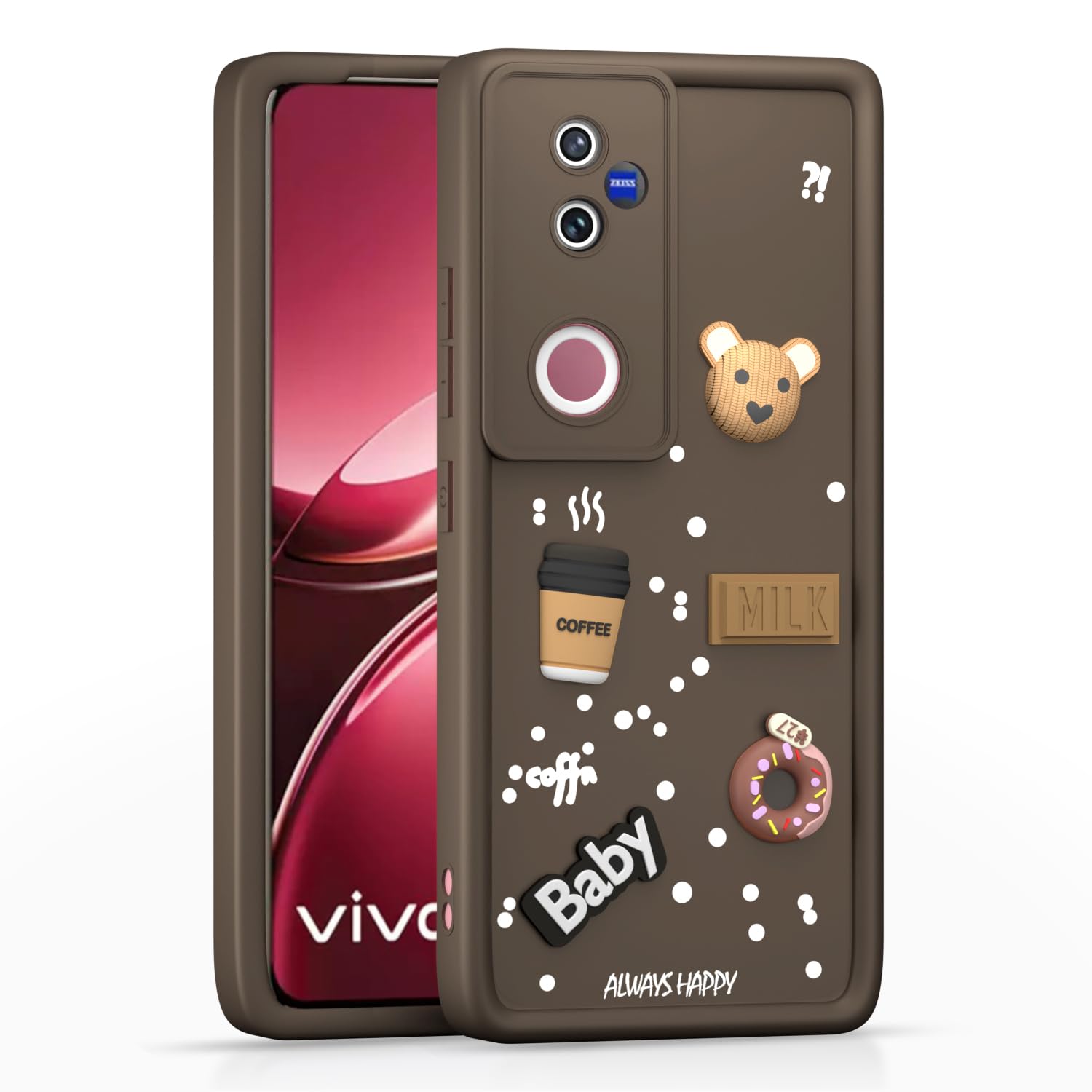 Pikkme Vivo V50 5G Cute Fun Cartoon 3D Bear Coffee Back Cover (brown)