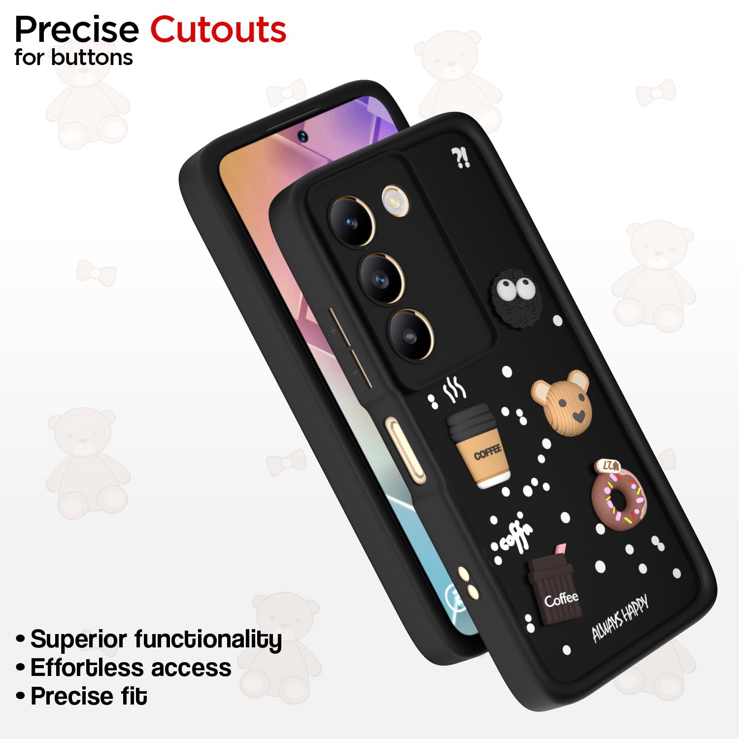 Pikkme Vivo Y200e 5G / Vivo T3 5G Cute Fun Cartoon 3D Bear Coffee Back Cover (Black)