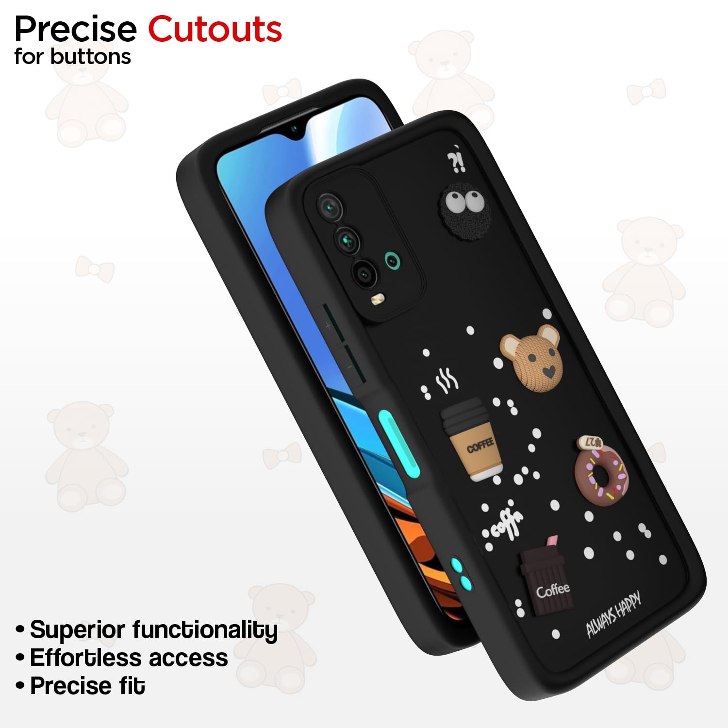 Pikkme Redmi 9 Power/Poco M3 Cute Fun Cartoon 3D Bear Coffee Back Cover (Black)