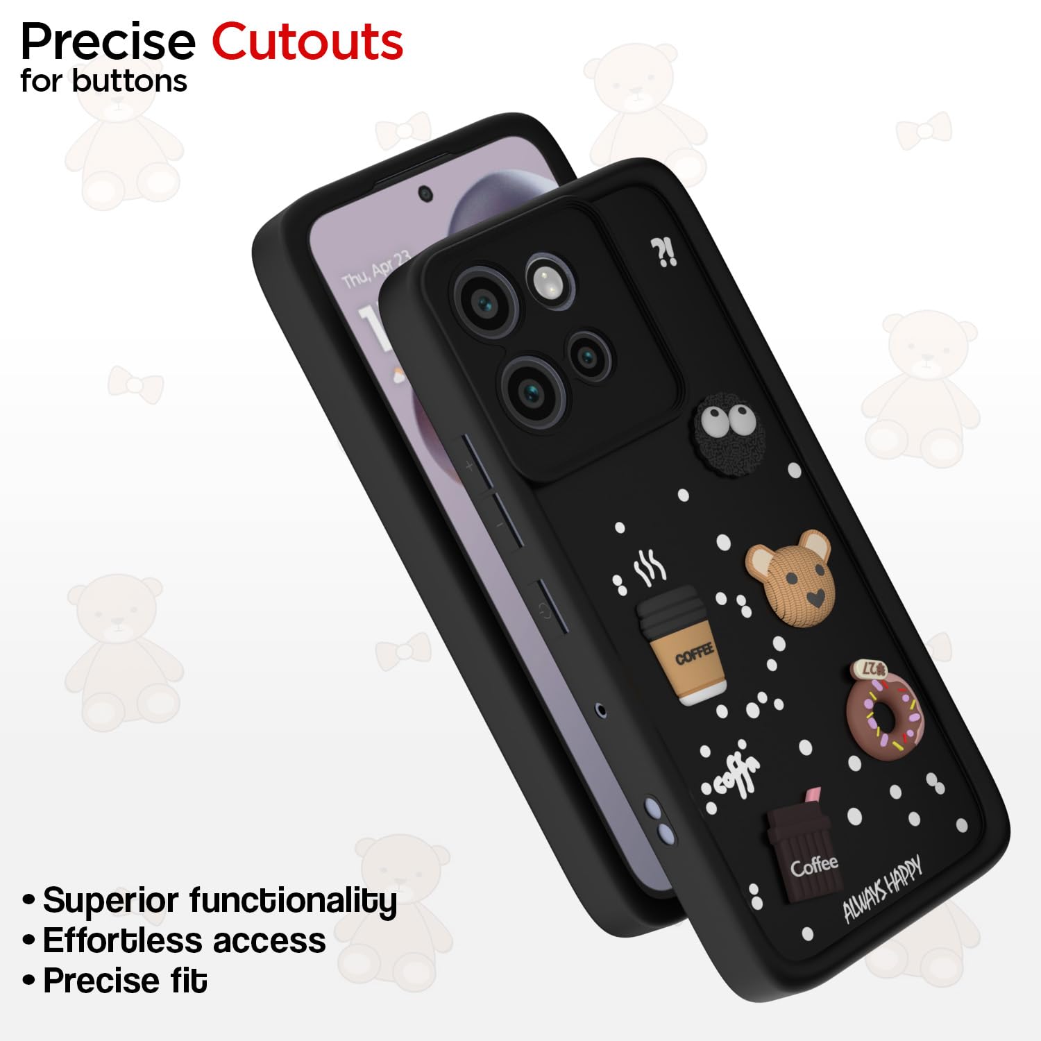 Pikkme Moto Edge 50 Neo 5G Cute Fun Cartoon 3D Bear Coffee Back Cover (Black)