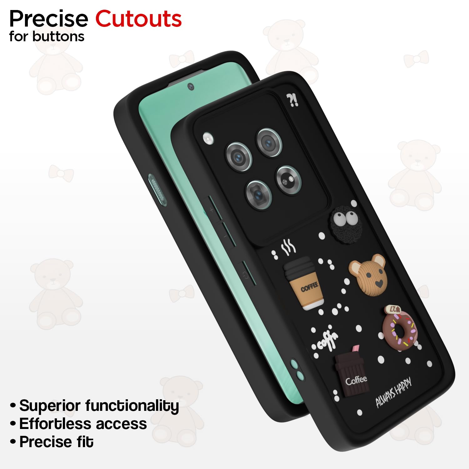 Pikkme OnePlus 12 5G Cute Fun Cartoon 3D Bear Coffee Back Cover (Black)