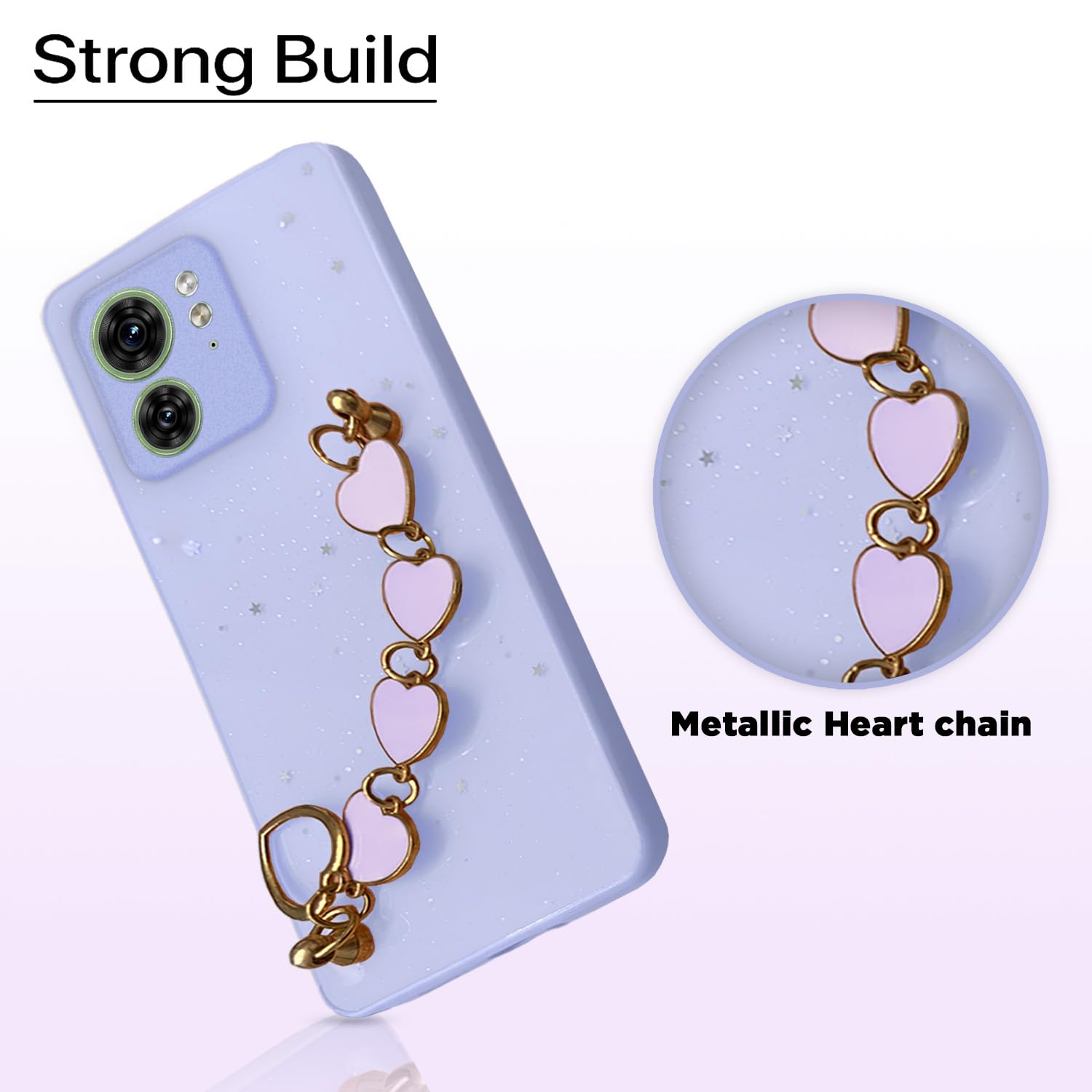 Pikkme Moto Edge 40 Back Cover for Girls | Heart Shaped Metal Chain Blocks | Sparkling Soft TPU | Case for Moto Edge 40 (Purple)