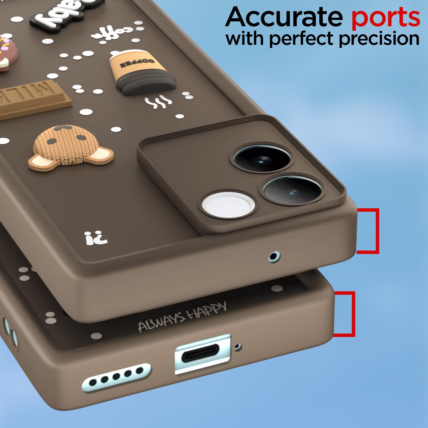 Pikkme iQOO Z7 Pro 5G Cute Fun Cartoon 3D Bear Coffee Back Cover (Brown)