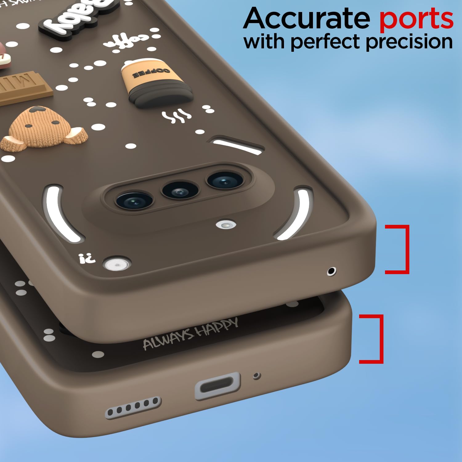 Pikkme Nothing Phone 3a 5G Cute Fun Cartoon 3D Bear Coffee Back Cover (Brown)