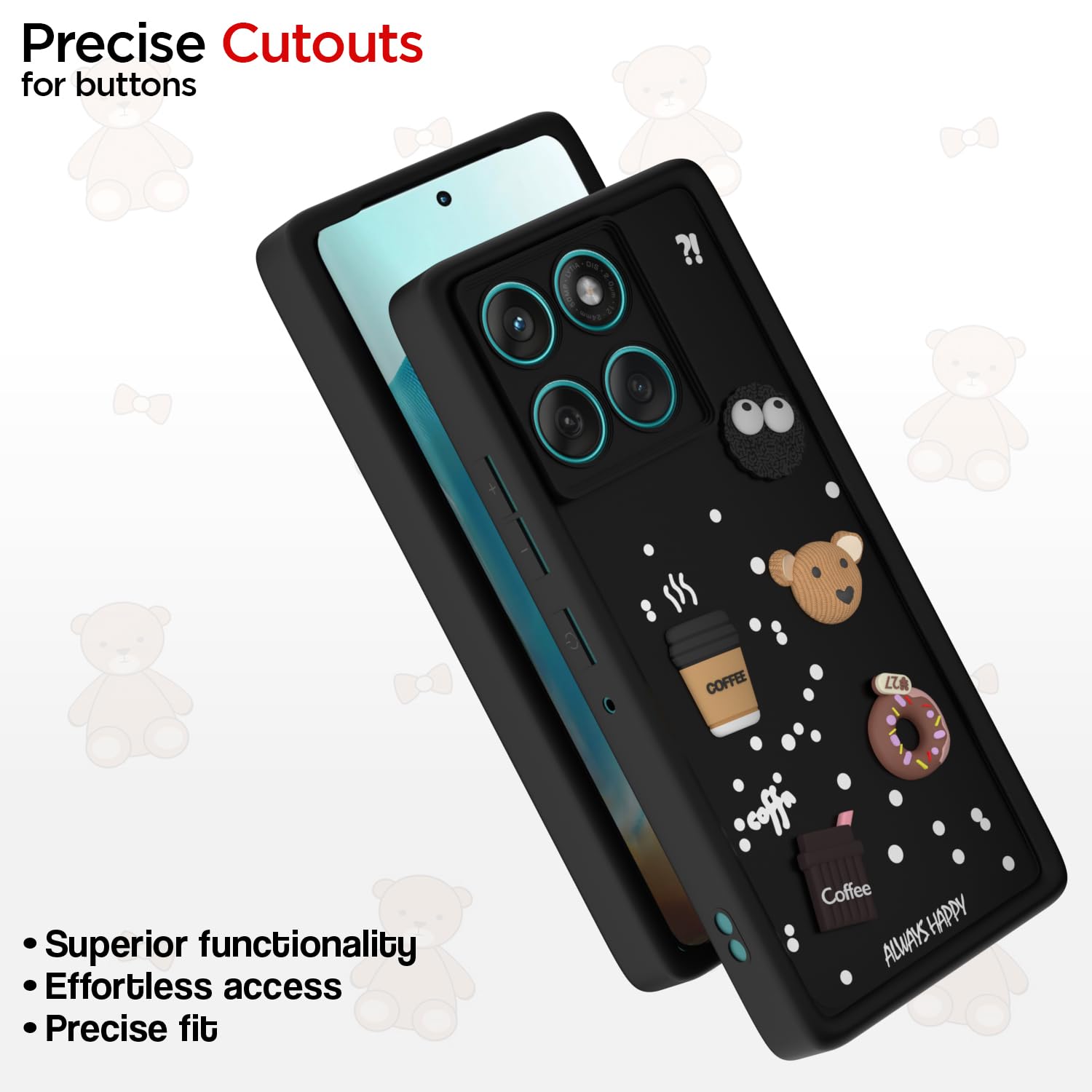 Pikkme Motorola Moto Edge 60 Fusion 5G Cute Fun Cartoon 3D Bear Coffee Back Cover (Black)