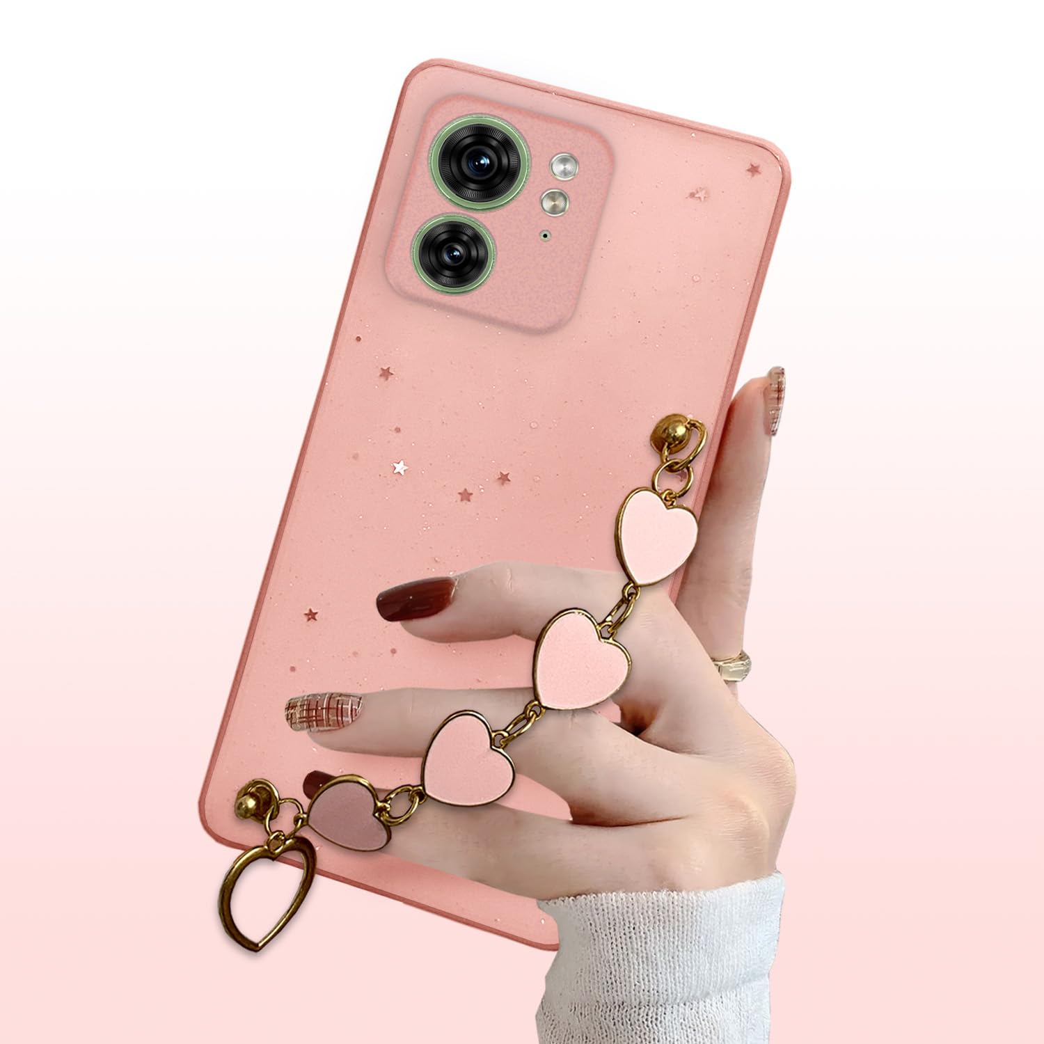 Pikkme Moto Edge 40 Back Cover for Girls | Heart Shaped Metal Chain Blocks | Sparkling Soft TPU | Case for Moto Edge 40 (Pink)