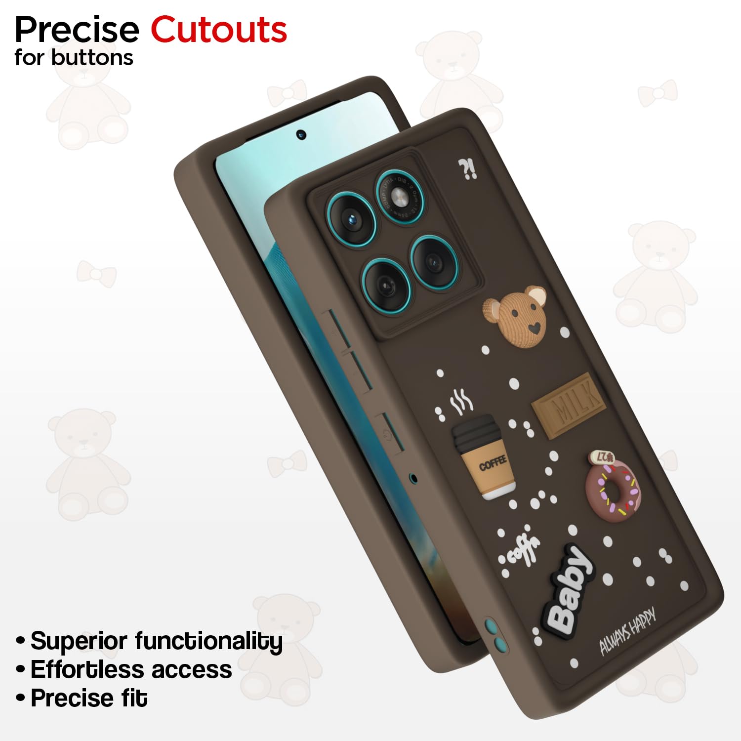 Pikkme Motorola Moto Edge 60 Fusion 5G Cute Fun Cartoon 3D Bear Coffee Back Cover (Brown)