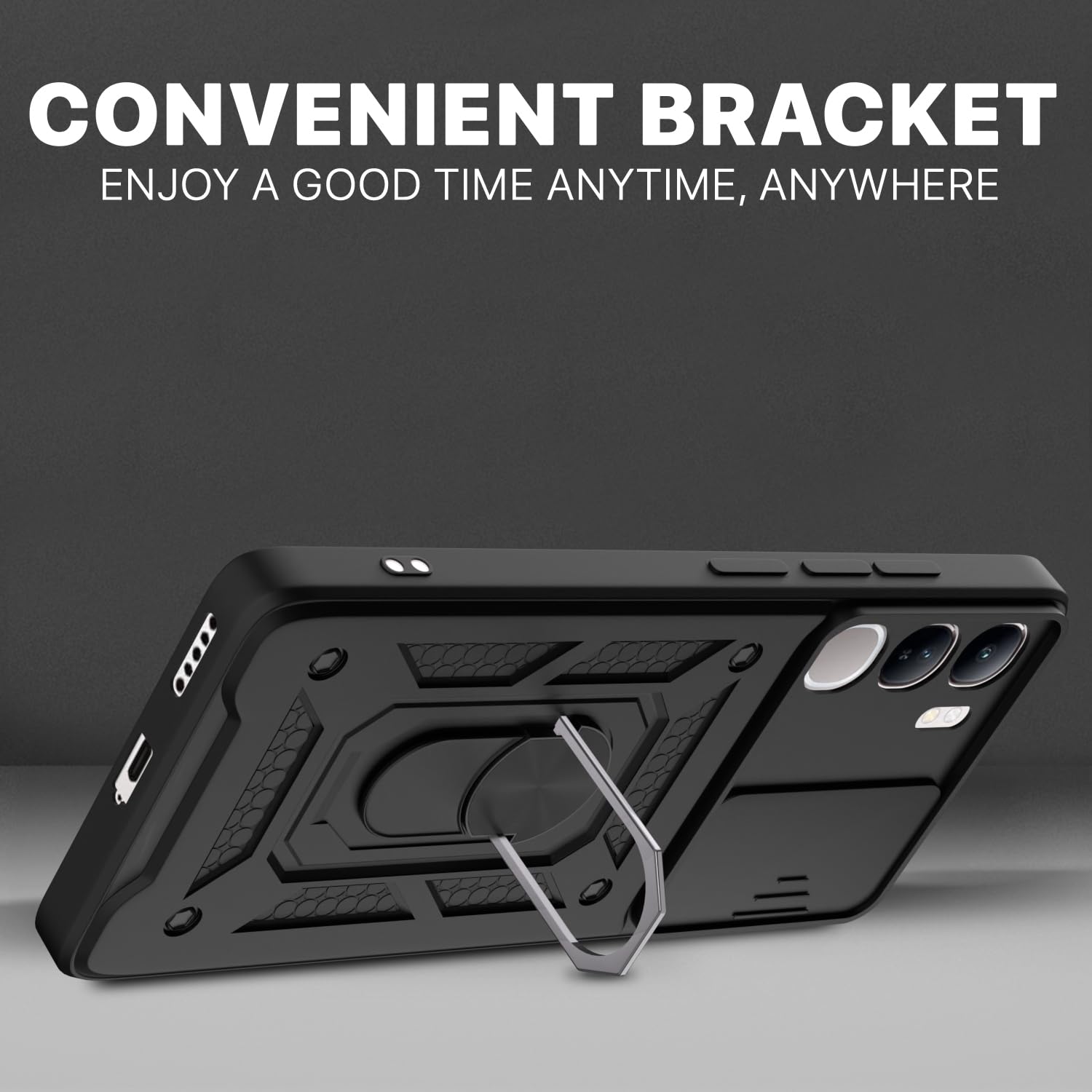 Pikkme Vivo Y300 5G / Vivo V40 Lite 5G Sliding Camera Shield & Stand D10 Tough Armor Back Cover (Black)