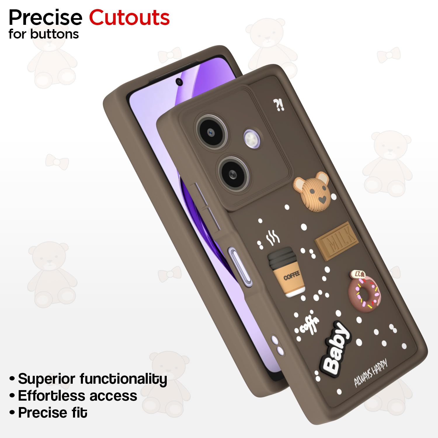 Pikkme Oppo A3x 5G / A3x 4G / A3 5G Cute Fun Cartoon 3D Bear Coffee Back Cover (Brown)
