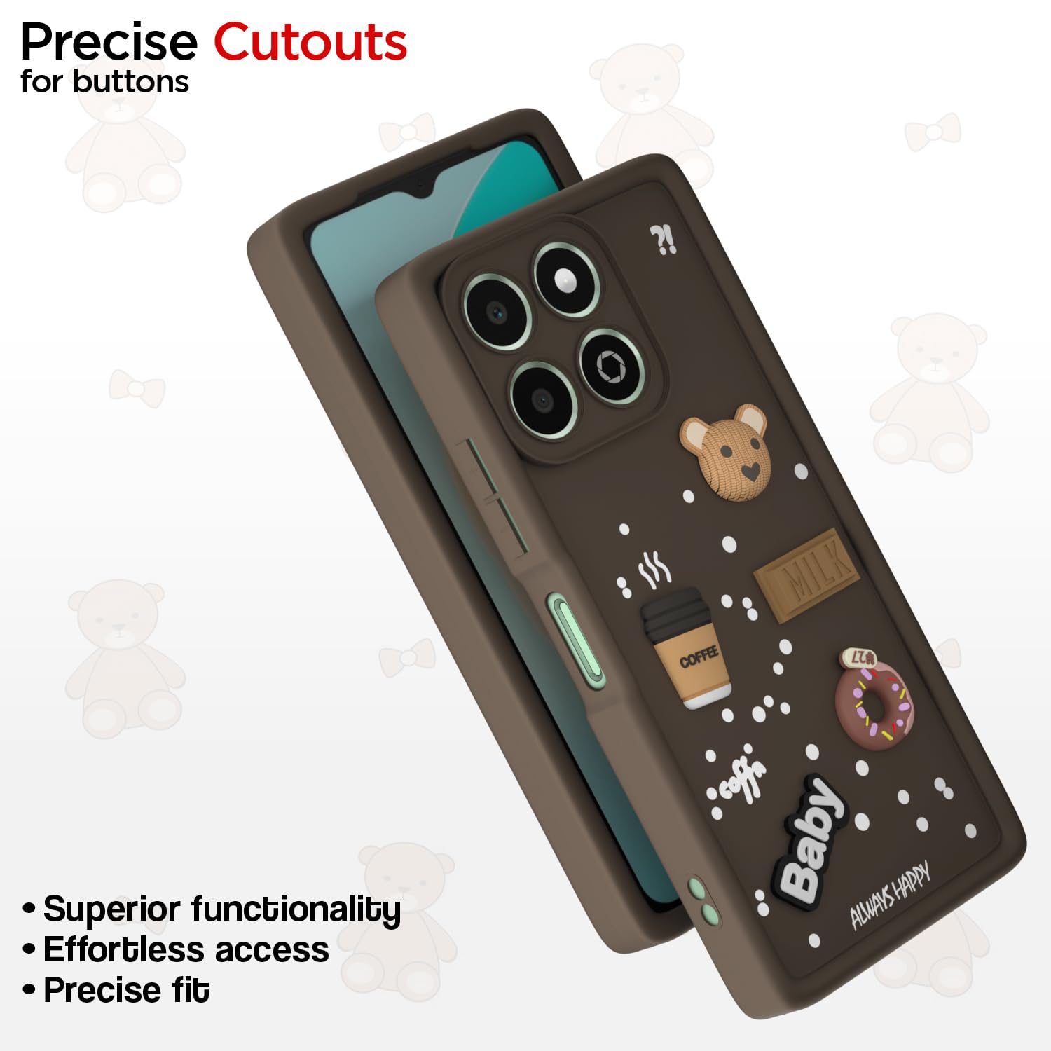 Pikkme Honor X6b Cute Fun Cartoon 3D Bear Coffee Back Cover (Brown)