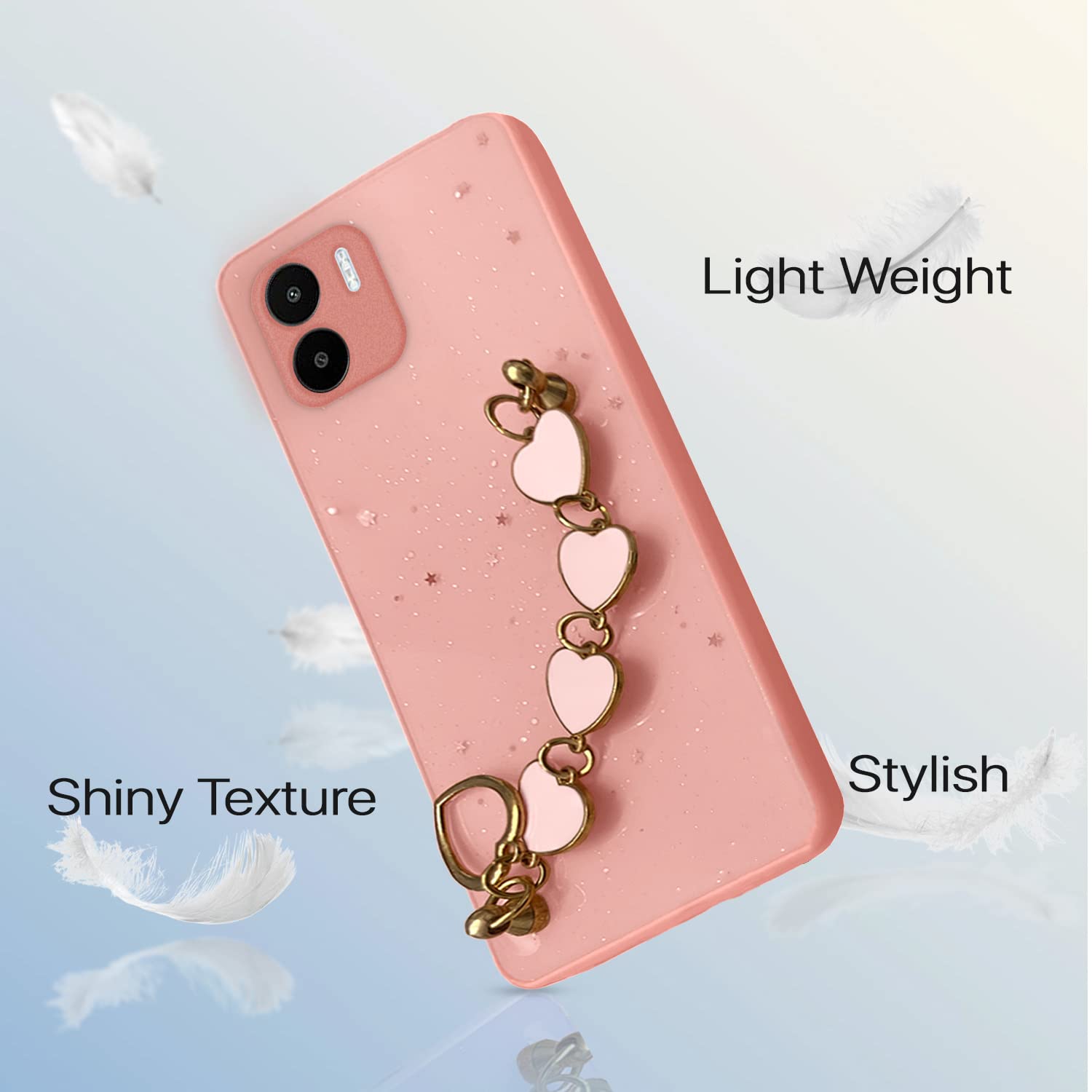 Pikkme Redmi A1 | Redmi A2 Back Cover for Girls | Heart Shaped Metal Chain Blocks | Sparkling Soft TPU | Case for Redmi A1 | Redmi A2 (Pink)