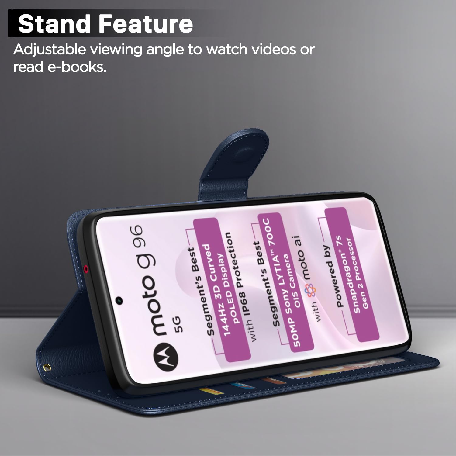 Pikkme Motorola Moto G96 5G Premium Leather Finish Vintage Flip Cover (Blue)