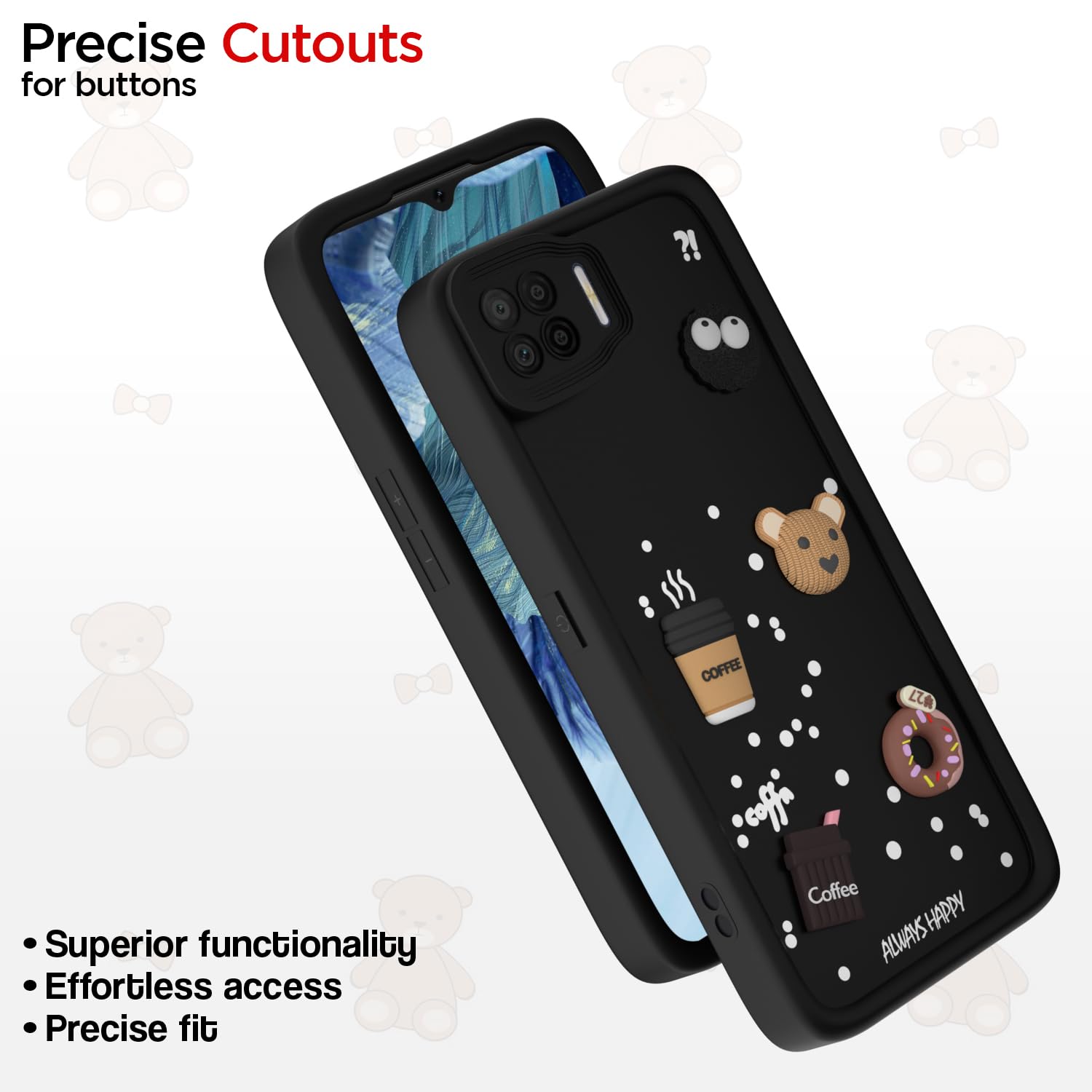 Pikkme Oppo F17 Cute Fun Cartoon 3D Bear Coffee Back Cover (Black)