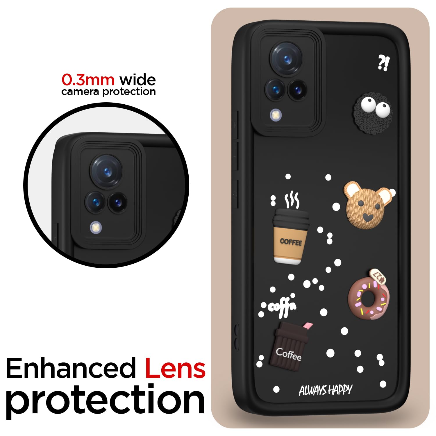 Pikkme Vivo V21 5G Cute Fun Cartoon 3D Bear Coffee Back Cover (Black)