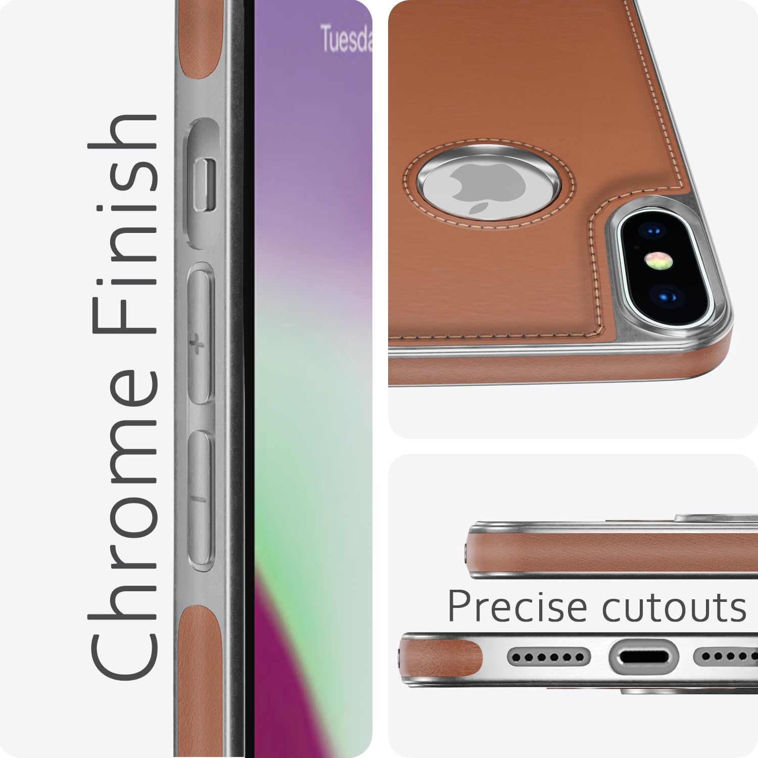 Pikkme iPhone Xs Max Silver Electroplated Chrome Leather Back Cover (Tan)