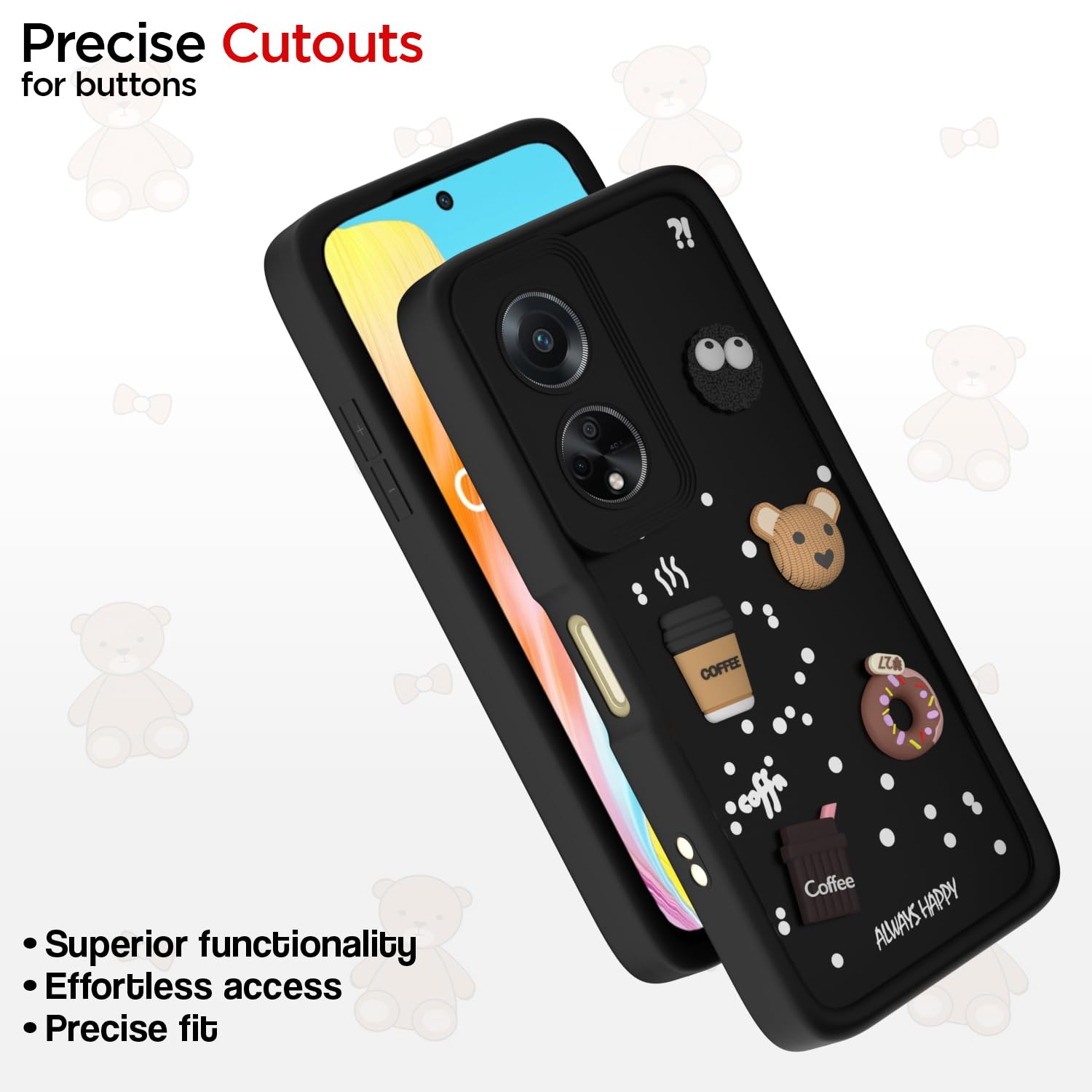 Pikkme Oppo F23 5G Cute Fun Cartoon 3D Bear Coffee Back Cover (Black)