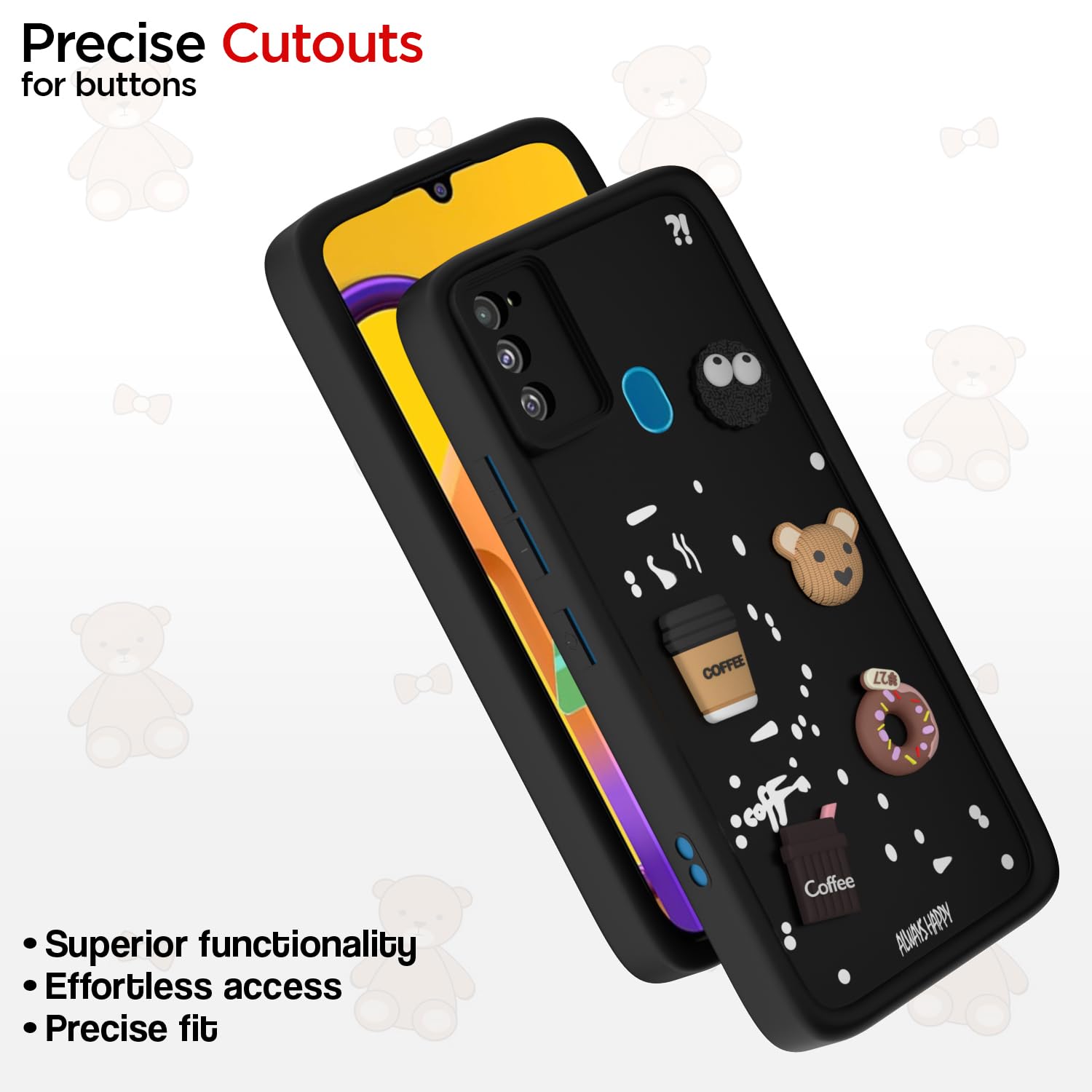 Pikkme Samsung Galaxy M21 / M30s / M21 2021 Cute Fun Cartoon 3D Bear Coffee Back Cover (Black)