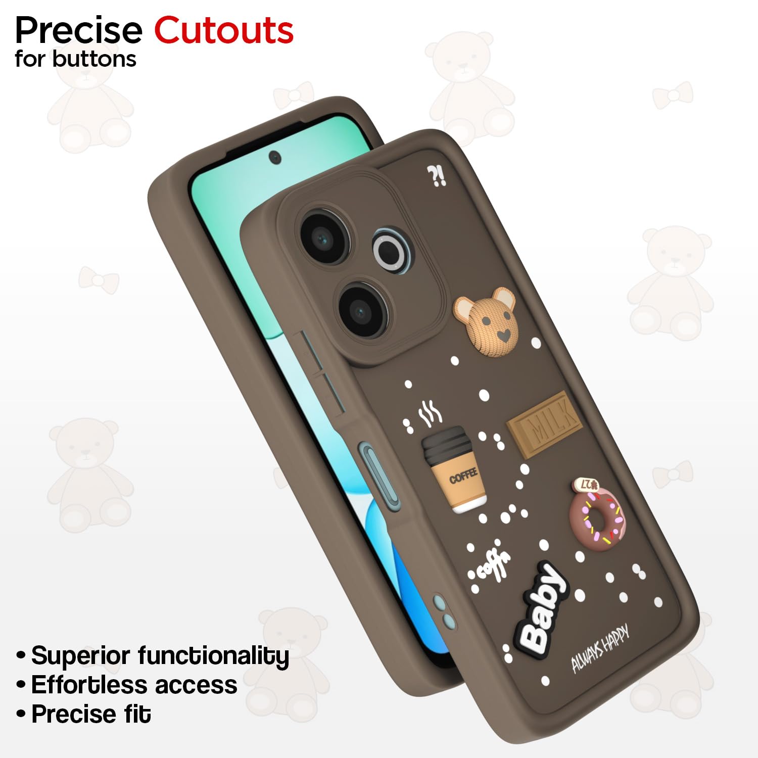 Pikkme Redmi 13 5G / Poco M6 Plus 5G Cute Fun Cartoon 3D Bear Coffee Back Cover (Brown)