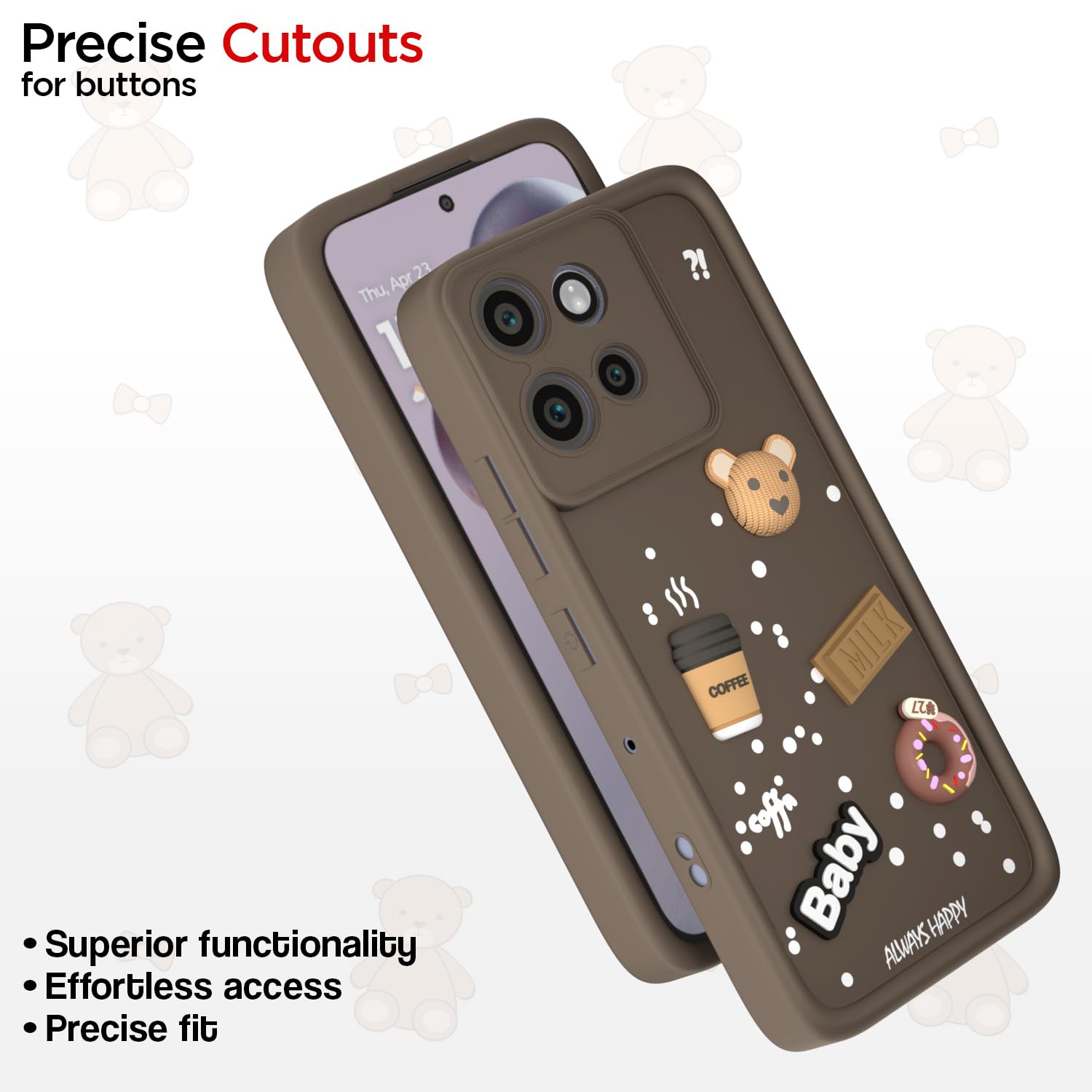 Pikkme Motorola Moto Edge 50 Neo 5G Cute Fun Cartoon 3D Bear Coffee Back Cover (Brown)