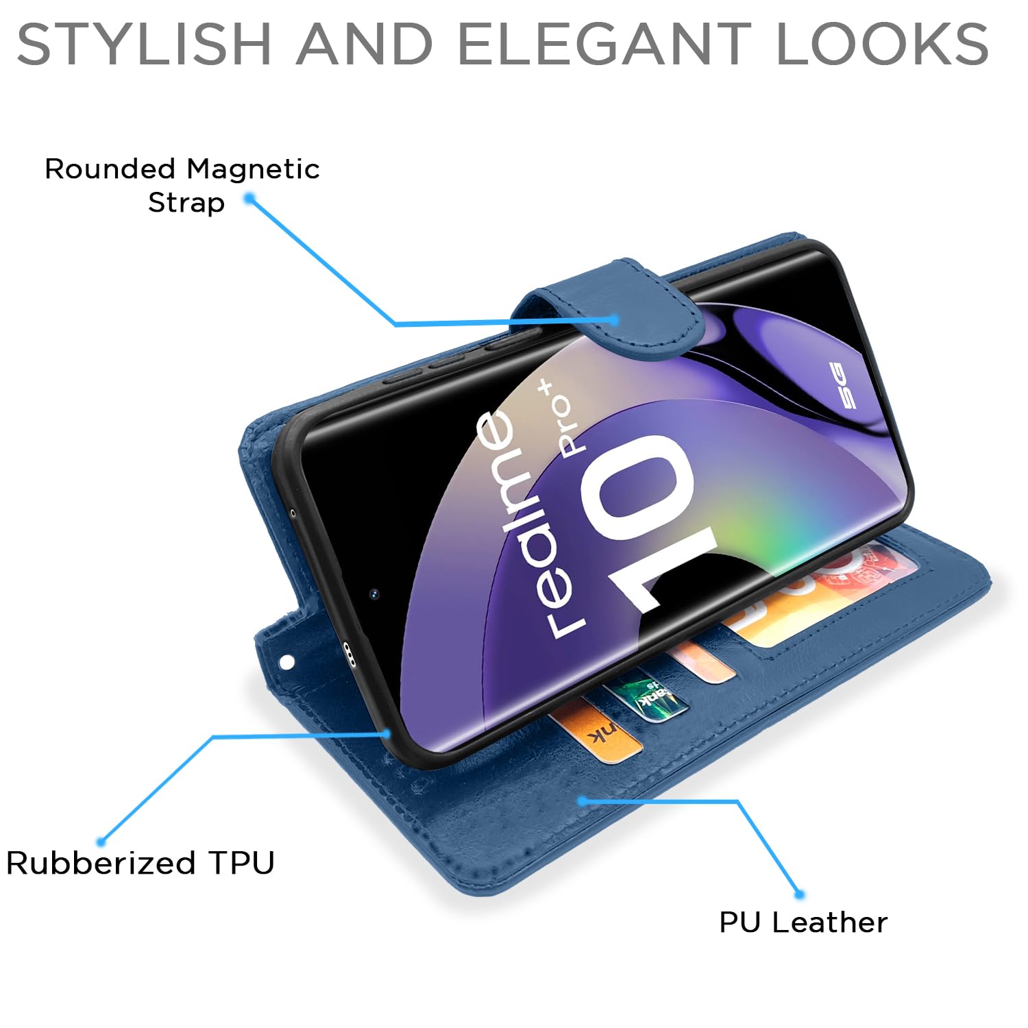 Pikkme Realme 10 Pro Plus Vintage Flip Cover (Blue)