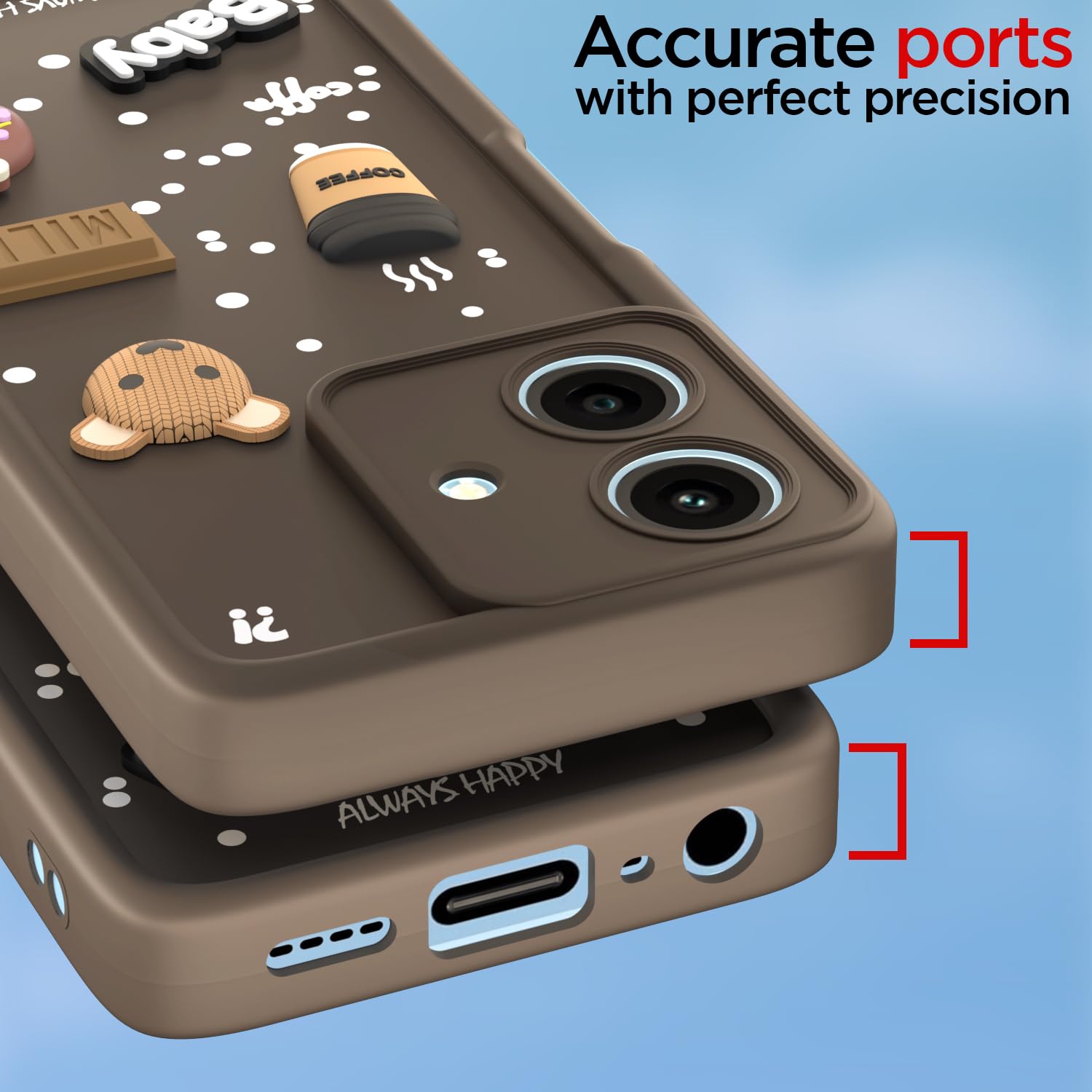 Pikkme Realme Narzo N61 / Realme C61 4G Cute Fun Cartoon 3D Bear Coffee Back Cover (Brown)