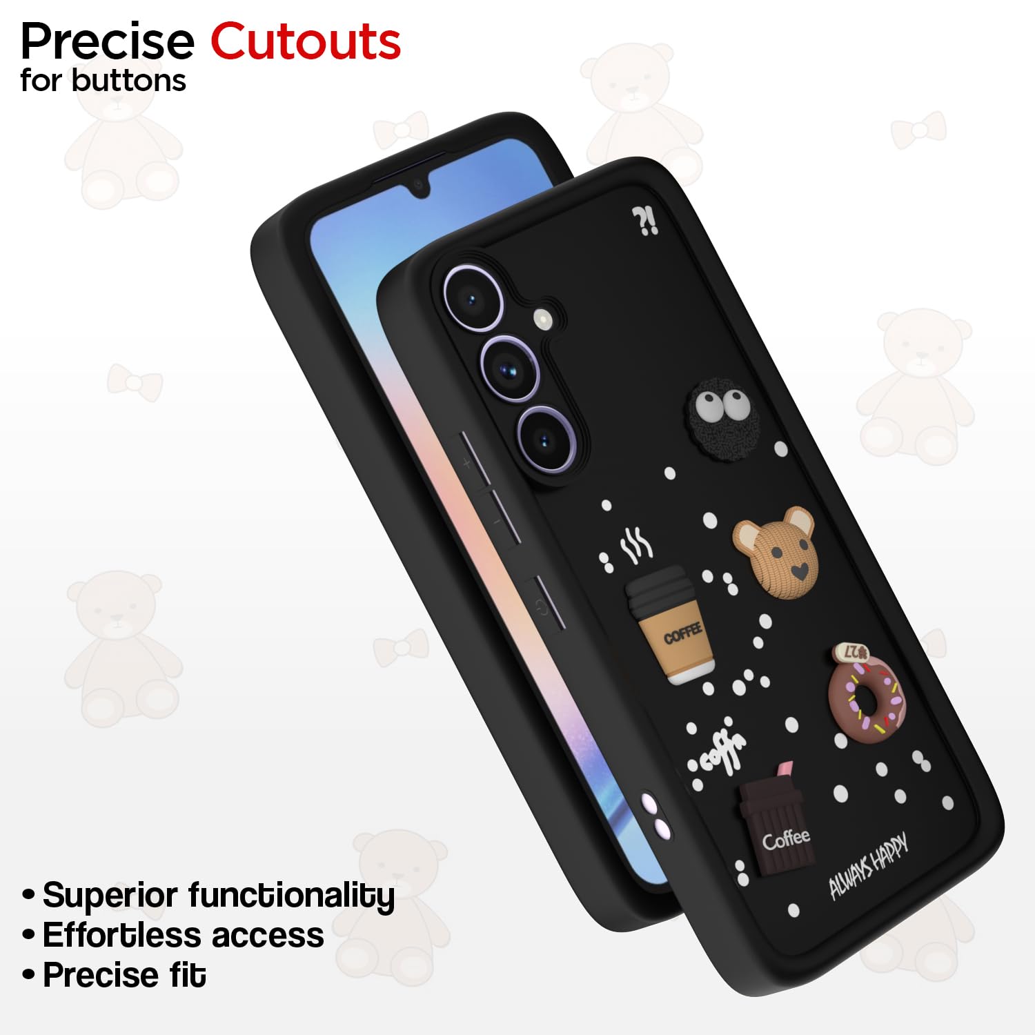 Pikkme Samsung Galaxy A34 5G Cute Fun Cartoon 3D Bear Coffee Back cover (Black)