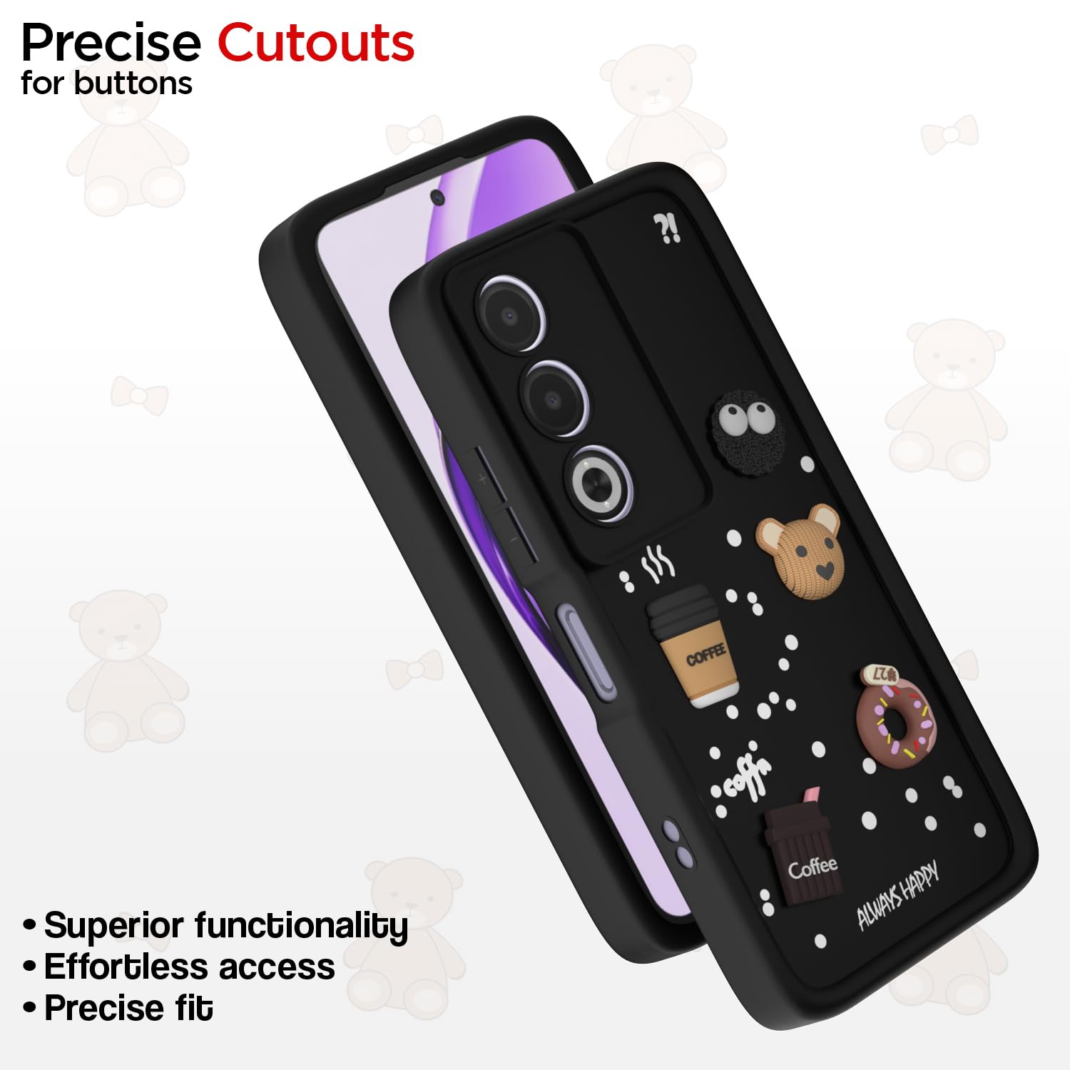 Pikkme Oppo A3 Pro India 5G Cute Fun Cartoon 3D Bear Coffee Back Cover (Black)