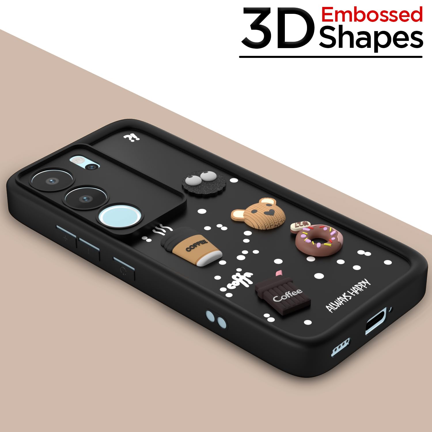 Pikkme Vivo V29 5G / V29 Pro 5G Cute Fun Cartoon 3D Bear Coffee Back Cover (Black)