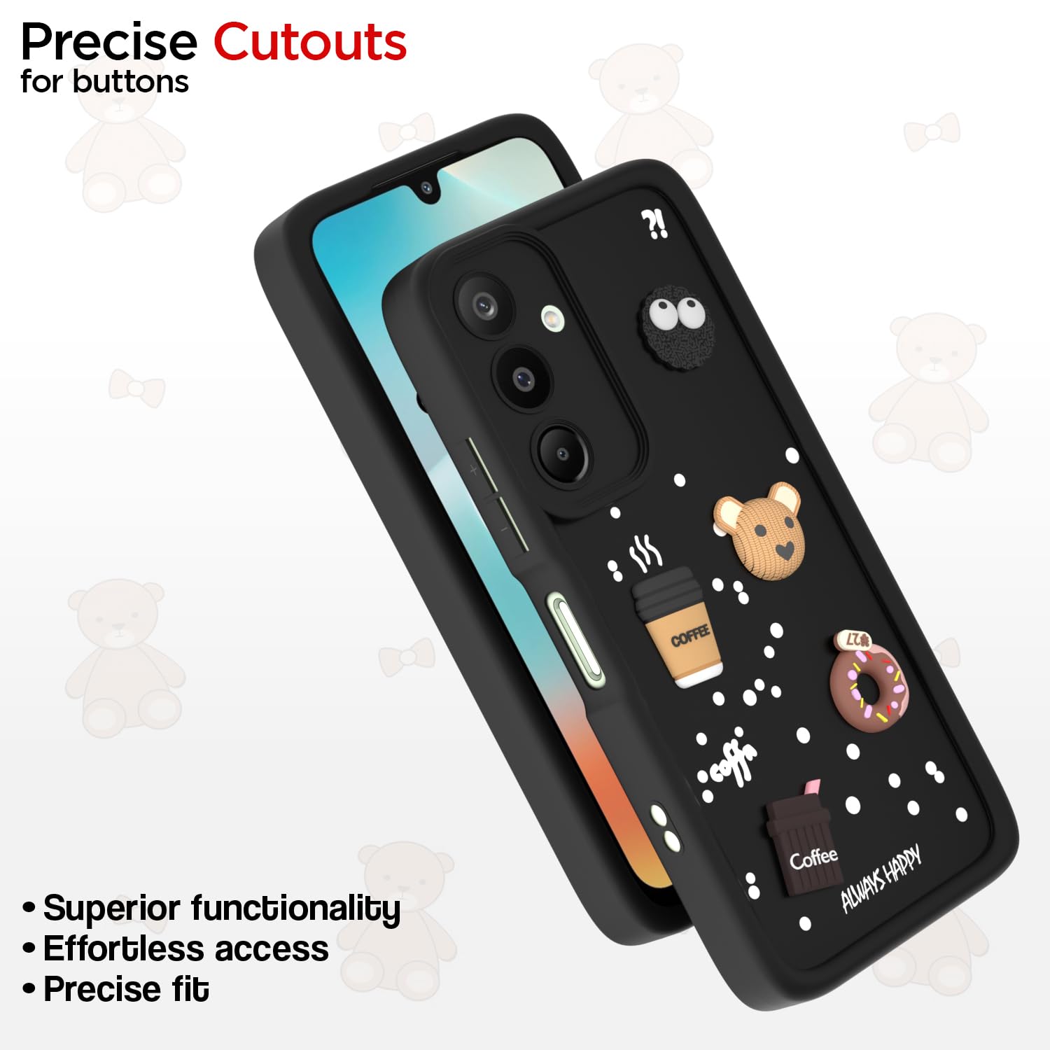 Pikkme Samsung Galaxy M16 5G Cute Fun Cartoon 3D Bear Coffee Back Cover (Black)