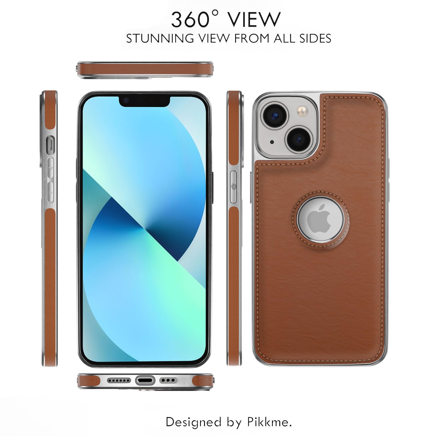 Pikkme iPhone 13 Silver Electroplated Chrome Leather Back Cover (Tan)