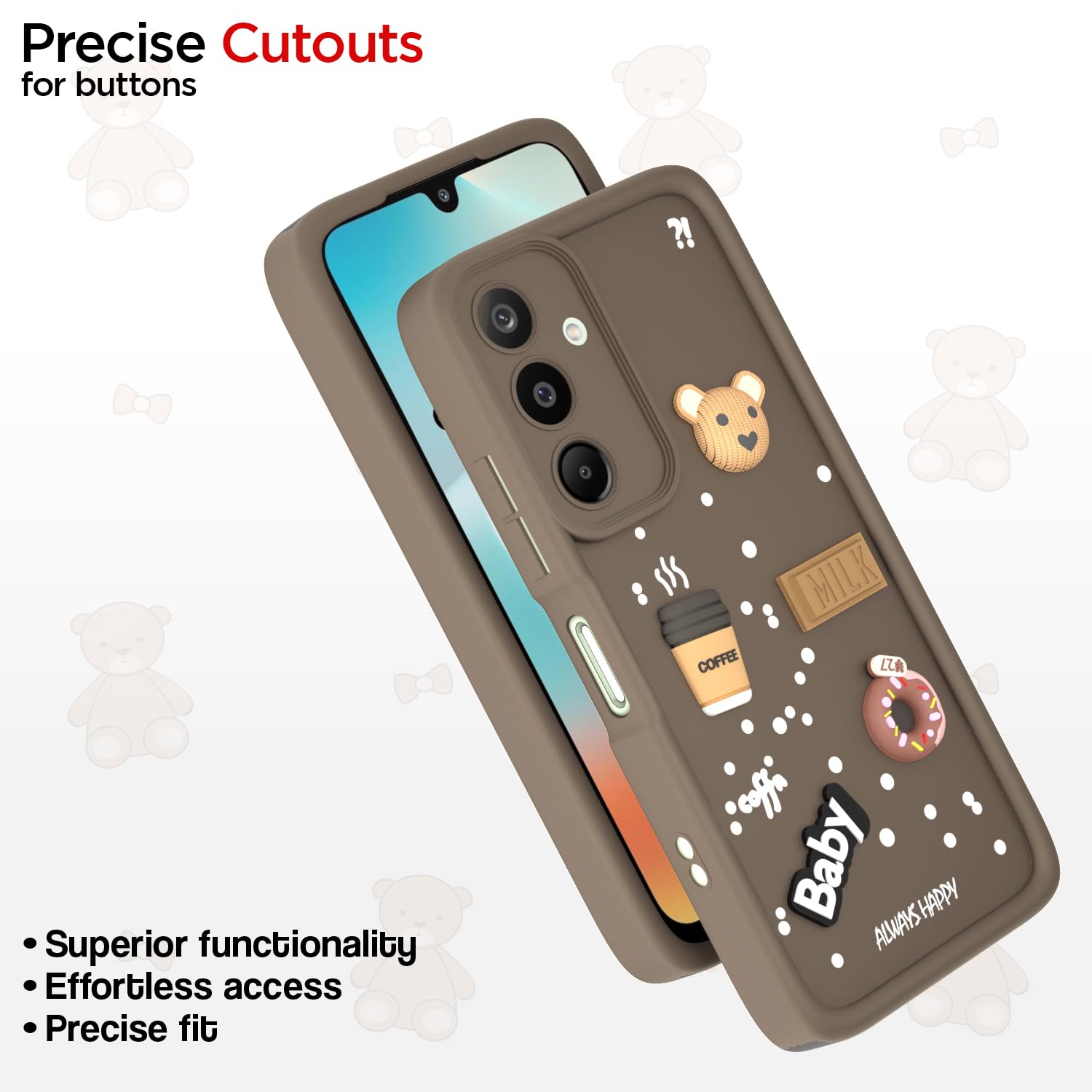 Pikkme Samsung Galaxy M16 5G Cute Fun Cartoon 3D Bear Coffee Back Cover (Brown)
