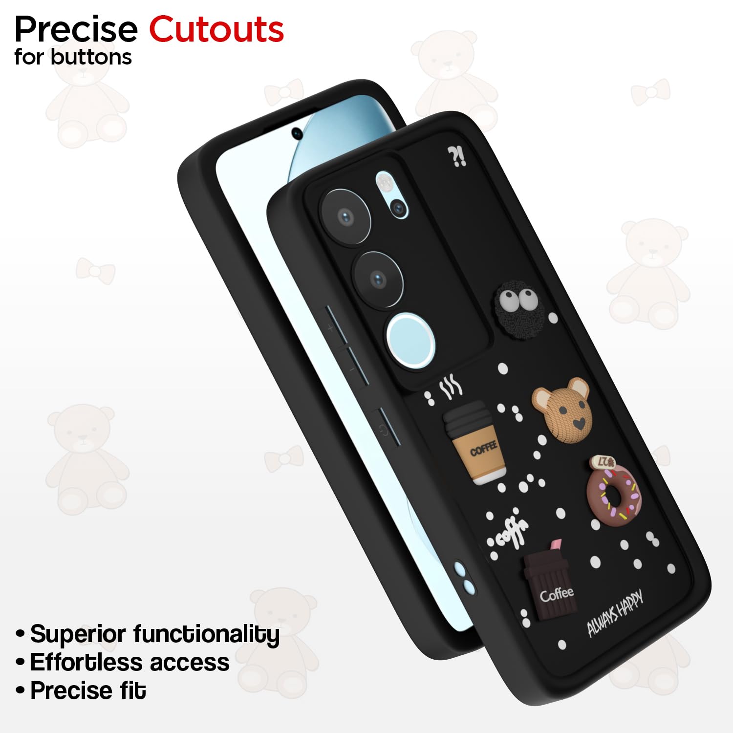 Pikkme Vivo V29 5G / V29 Pro 5G Cute Fun Cartoon 3D Bear Coffee Back Cover (Black)