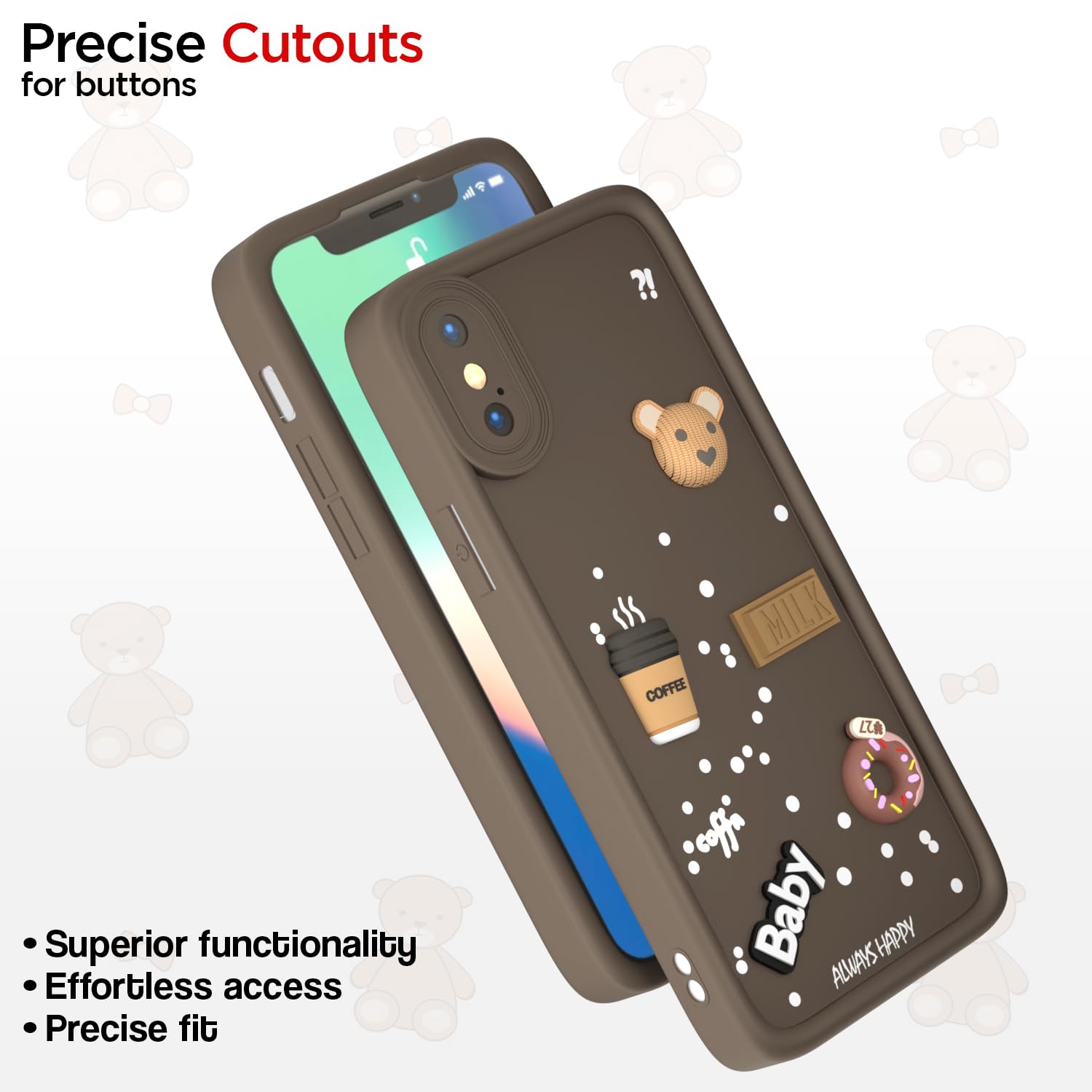 Pikkme iPhone X/Xs Cute Fun Cartoon 3D Bear Coffee Back Cover (Brown)