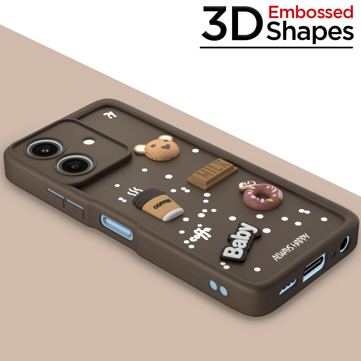 Pikkme Realme Narzo N61 / Realme C61 4G Cute Fun Cartoon 3D Bear Coffee Back Cover (Brown)