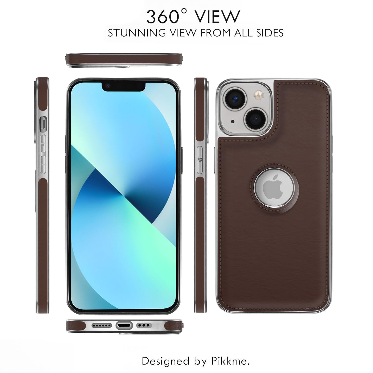Pikkme iPhone 13 Silver Electroplated Chrome Leather Back Cover (Coffee)