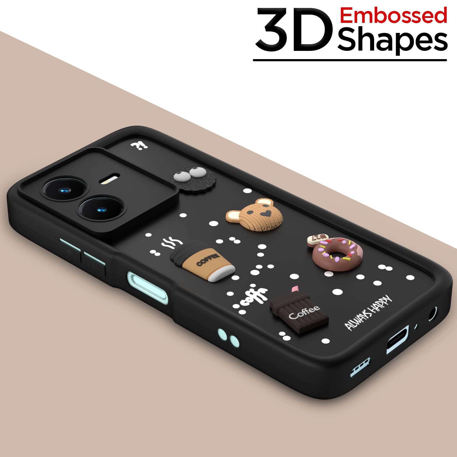 Pikkme Vivo Y22 Cute Fun Cartoon 3D Bear Coffee Back Cover (Black)