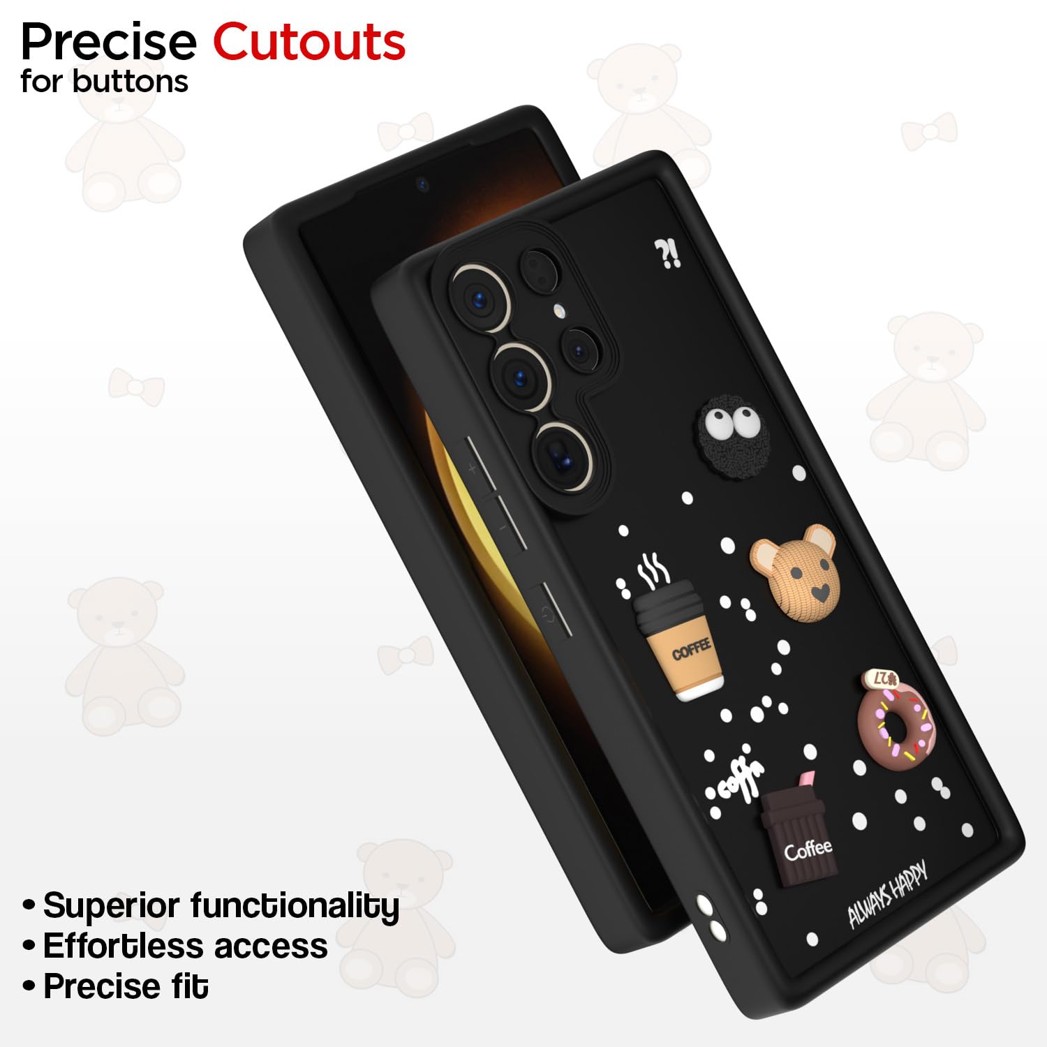 Pikkme Samsung Galaxy S23 Ultra 5G Cute Fun Cartoon 3D Bear Coffee Back Cover (Black)