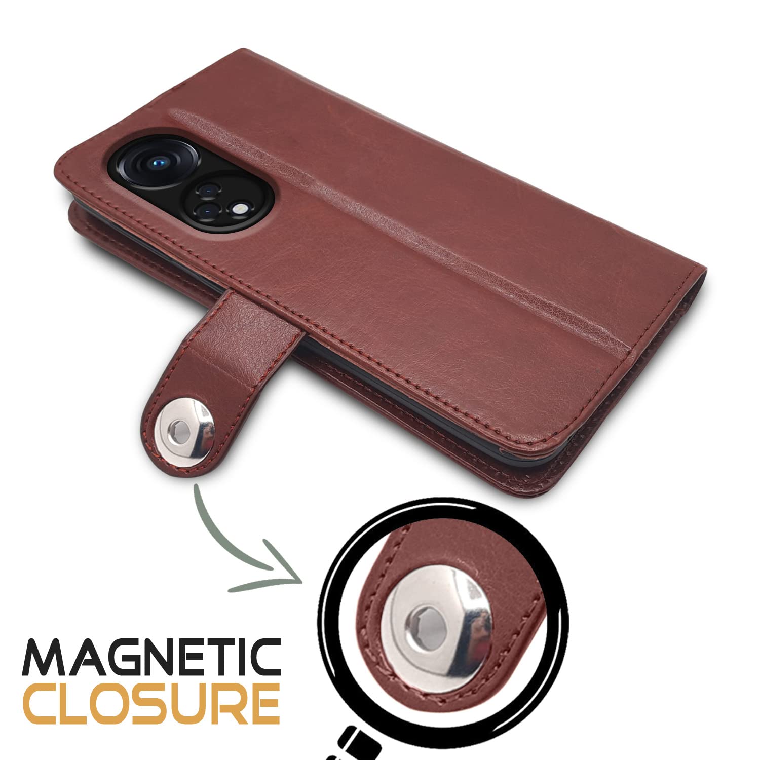 Pikkme Oppo Reno 8T 5G Button Flip Cover (Brown)