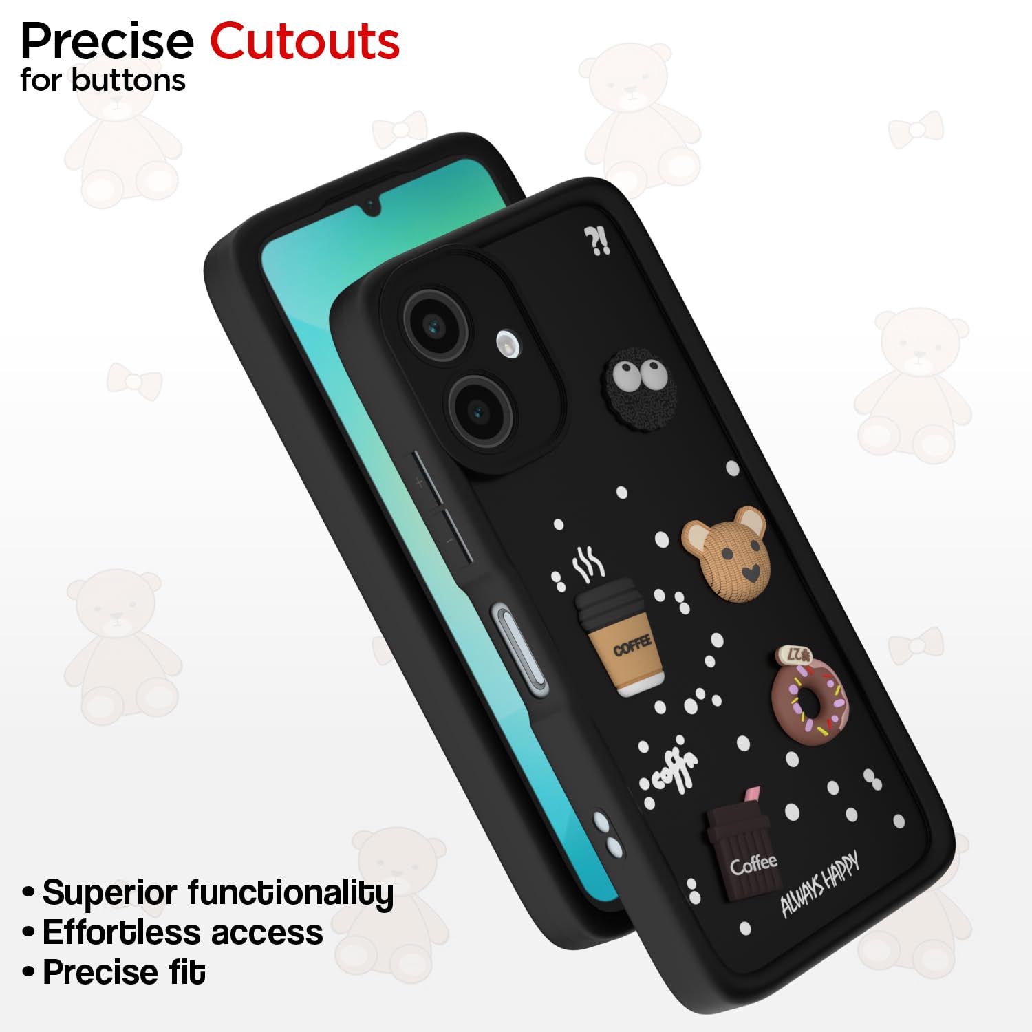 Pikkme Samsung Galaxy A06 Cute Fun Cartoon 3D Bear Coffee Back Cover (Black)