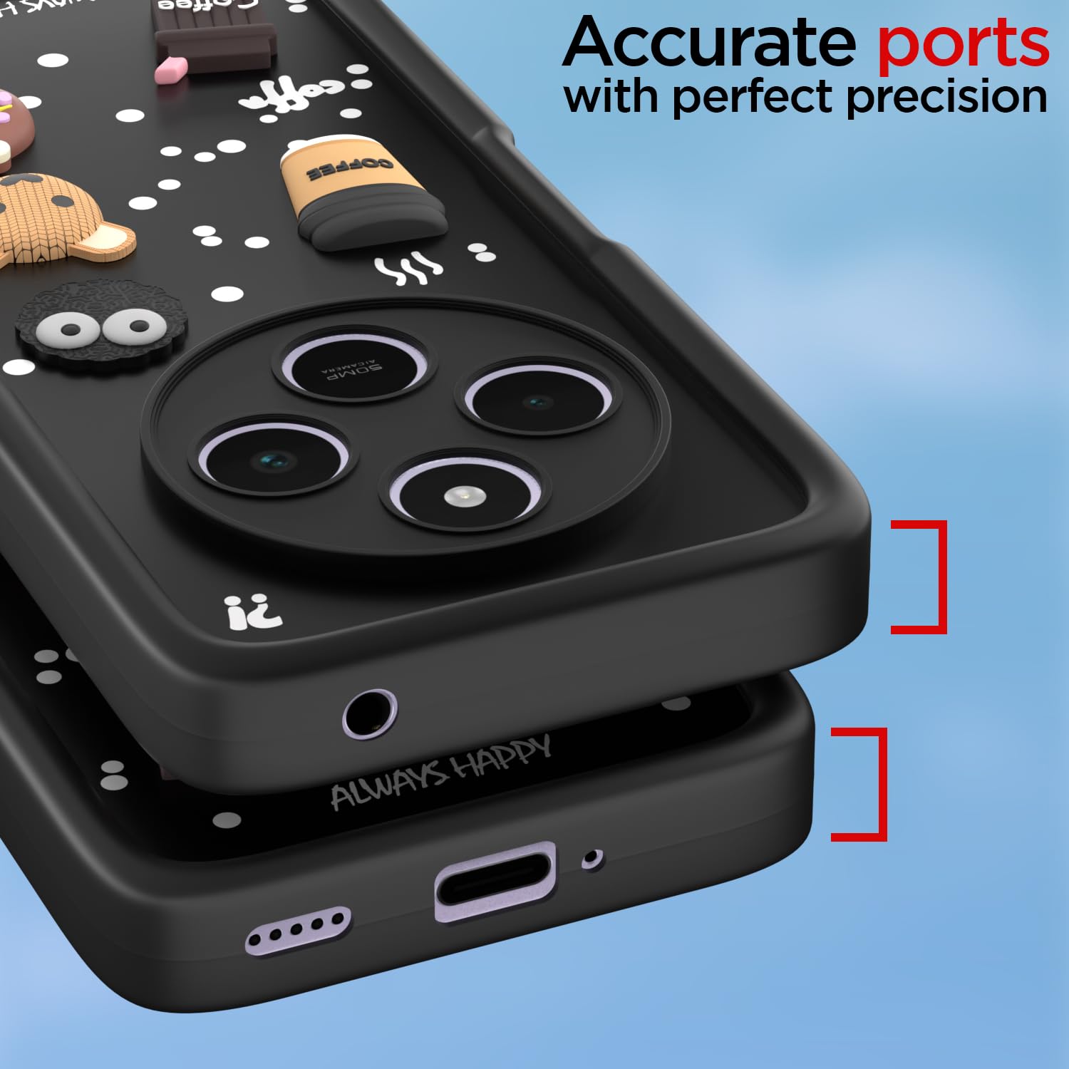Pikkme Redmi A4 5G / Redmi 14C 5G / Poco C75 5G Cute Fun Cartoon 3D Bear Coffee Back Cover (Black)