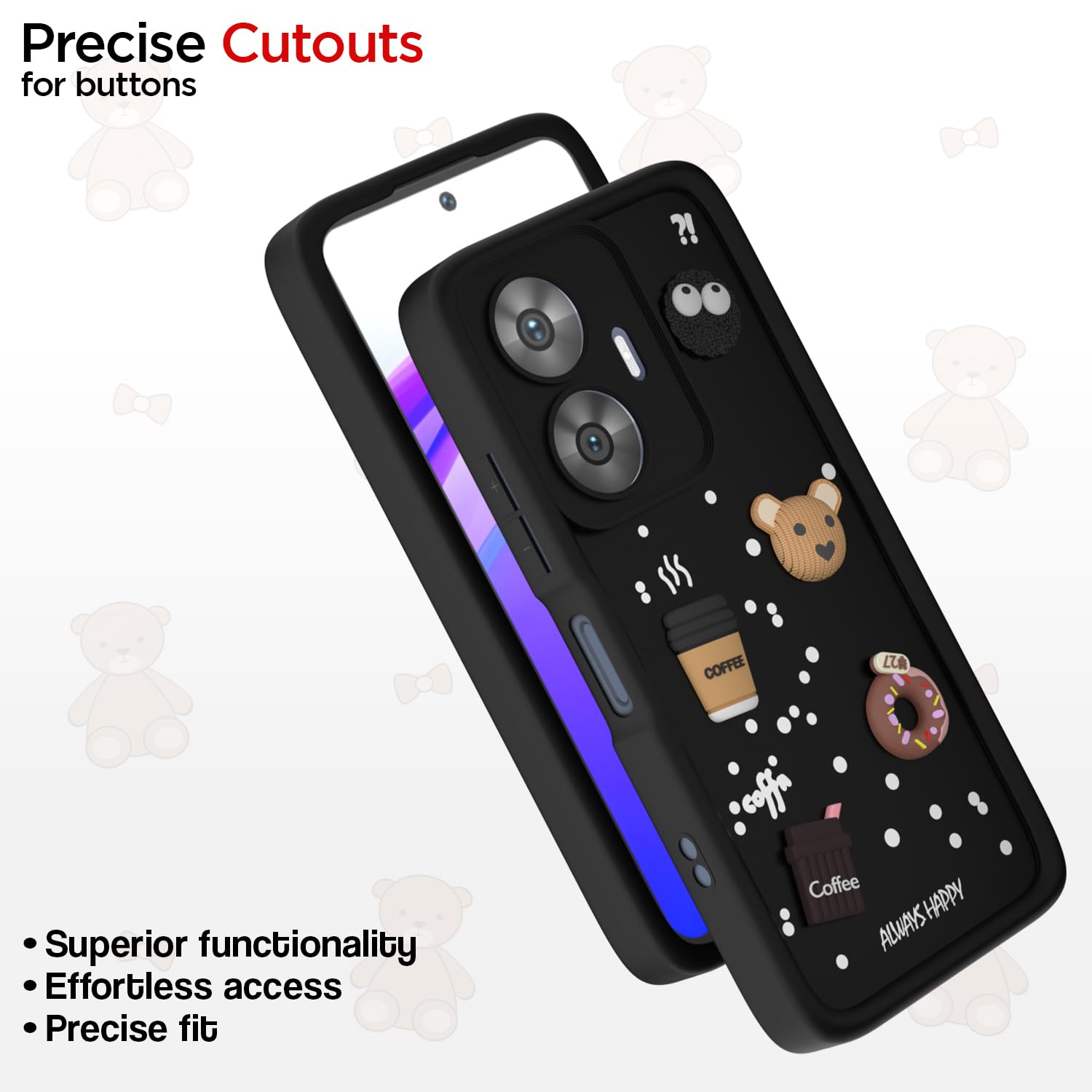 Pikkme Realme Narzo N55 / Realme C55 Cute Fun Cartoon 3D Bear Coffee Back Cover (Black)