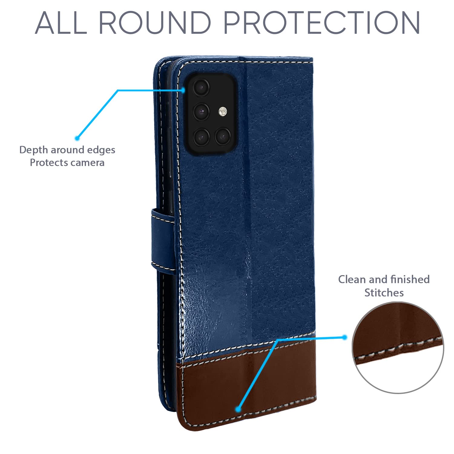 Pikkme Samsung Galaxy A71 Contrast Premium Leather Magnetic Flip Cover (Blue & Brown)