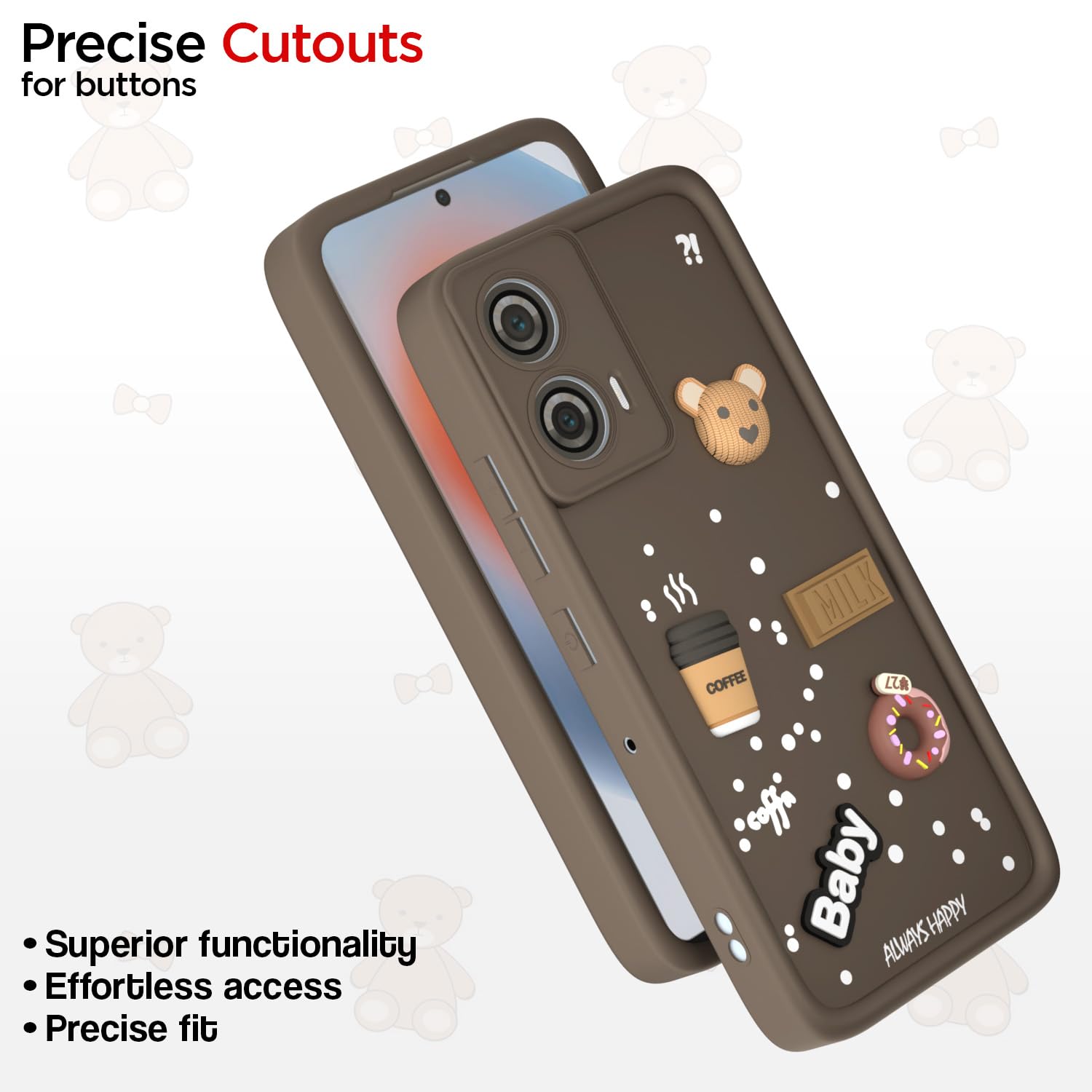 Pikkme Motorola Moto Edge 50 Fusion 5G Cute Fun Cartoon 3D Bear Coffee Back Cover (Brown)