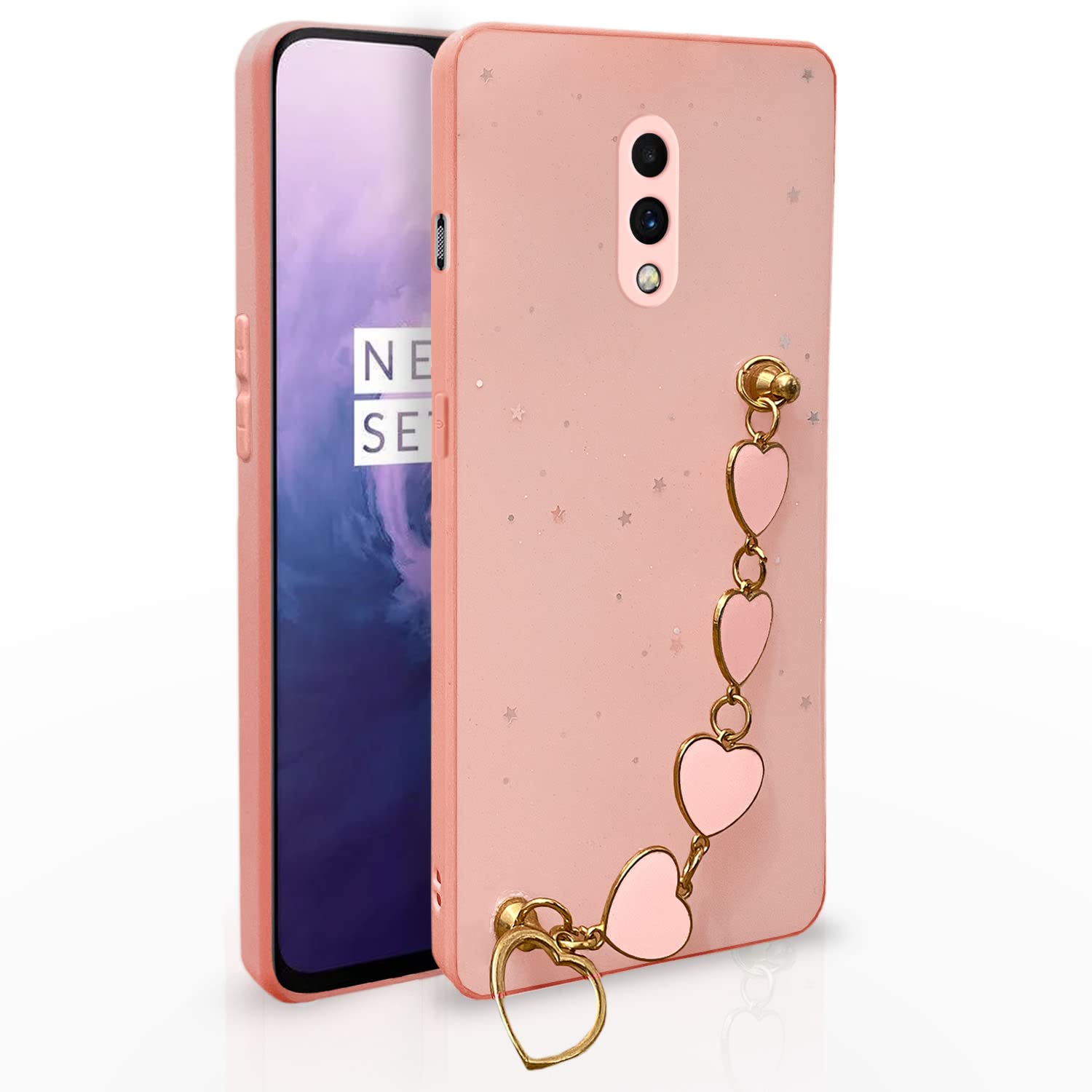 Pikkme Oneplus 6T / Oneplus 7/1+6T / 1+7 Back Cover for Girls | Heart Shaped Metal Chain Blocks | Sparkling Soft TPU | Case for Oneplus 6T / Oneplus 7/1+6T / 1+7 (Pink)